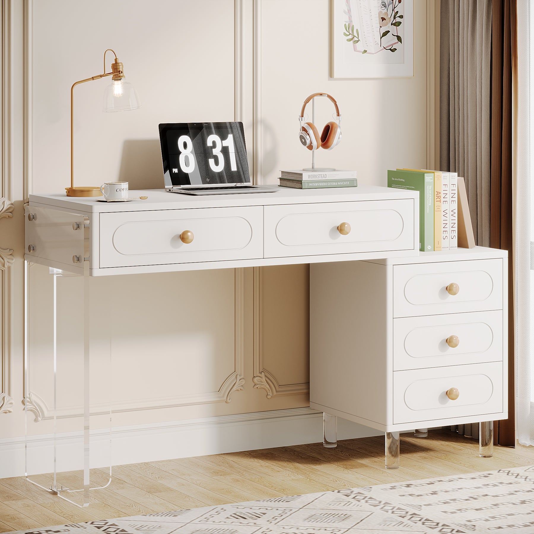 5 Drawer Modern Computer Desk with Transparent Acrylic Base & Sturdy Legs - Home Office Workstation for Small Spaces, Gaming Setup & Study Room Organization