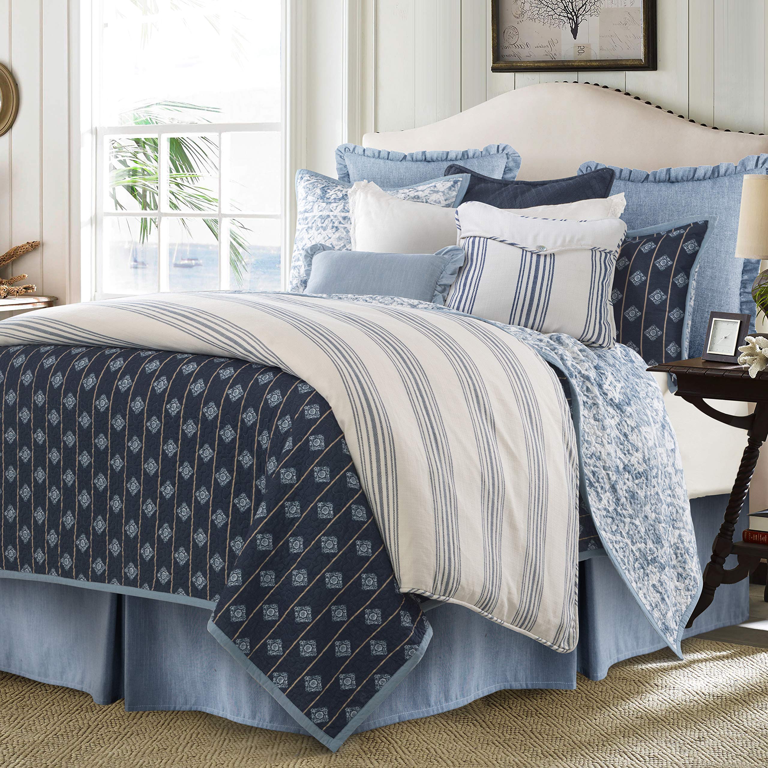 Premium Skyler 3-Piece Reversible Quilt Set with Pillow Shams - Super Queen Size 100% Cotton Luxury Bedding in Blue Medallion Striped Coastal Design - Perfect for Guest Rooms, Beach Houses & Master Bedroom Decor