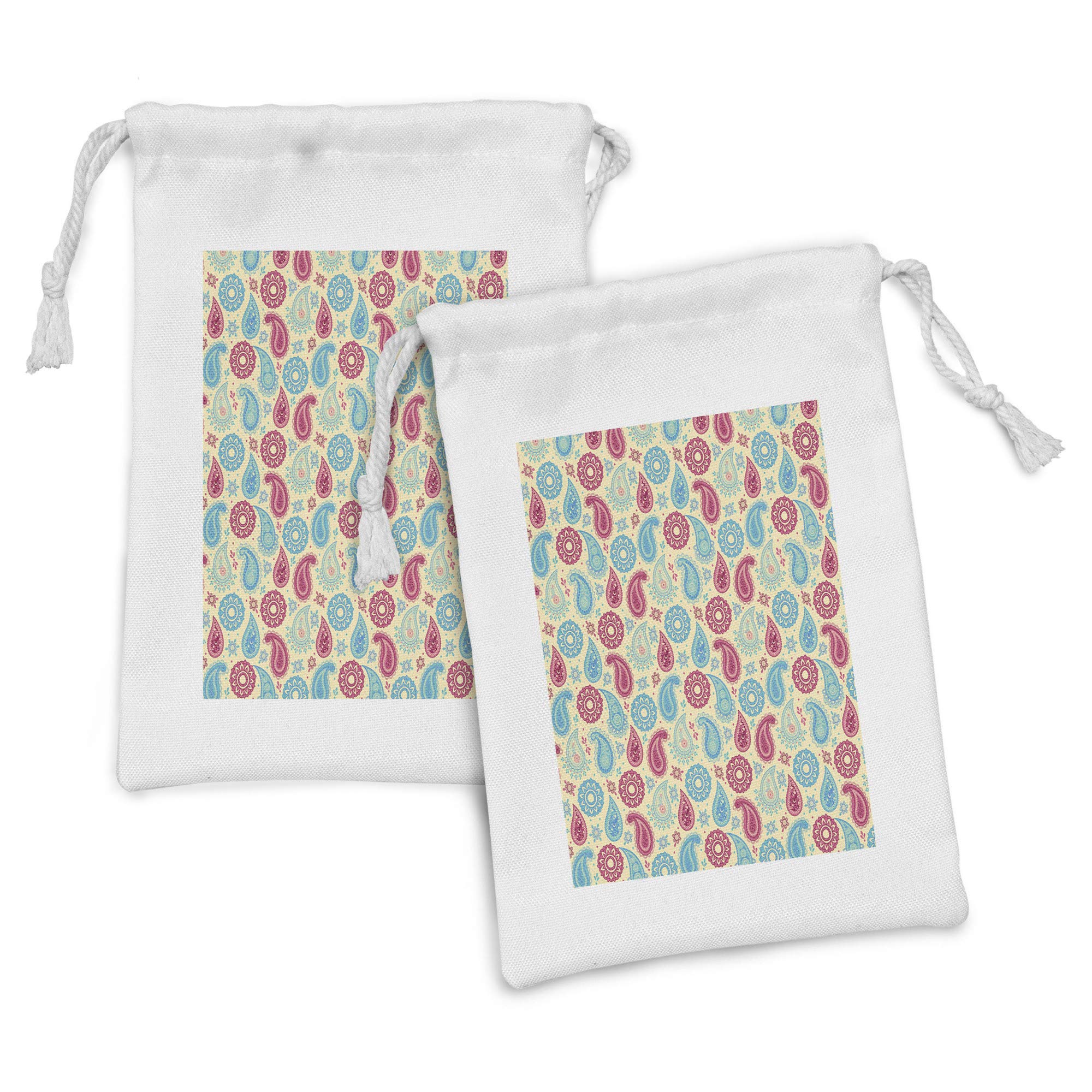 Ambesonne Paisley Fabric Pouch Set of 2 - Retro Floral Print Drawstring Bags for Toiletries, Masks & Party Favors (9