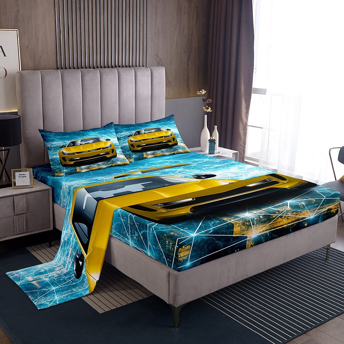 Erosebridal Boys Race Car Bedding Set - Queen Size Blue Lightning Gold Sports Car Sheet Set for Kids & Teens | 4-Piece Bedroom Decor (Fitted Sheet, Flat Sheet, 2 Pillowcases) | Perfect for Racing-Themed Bedrooms, Birthday Gifts & Boys' Room Decor