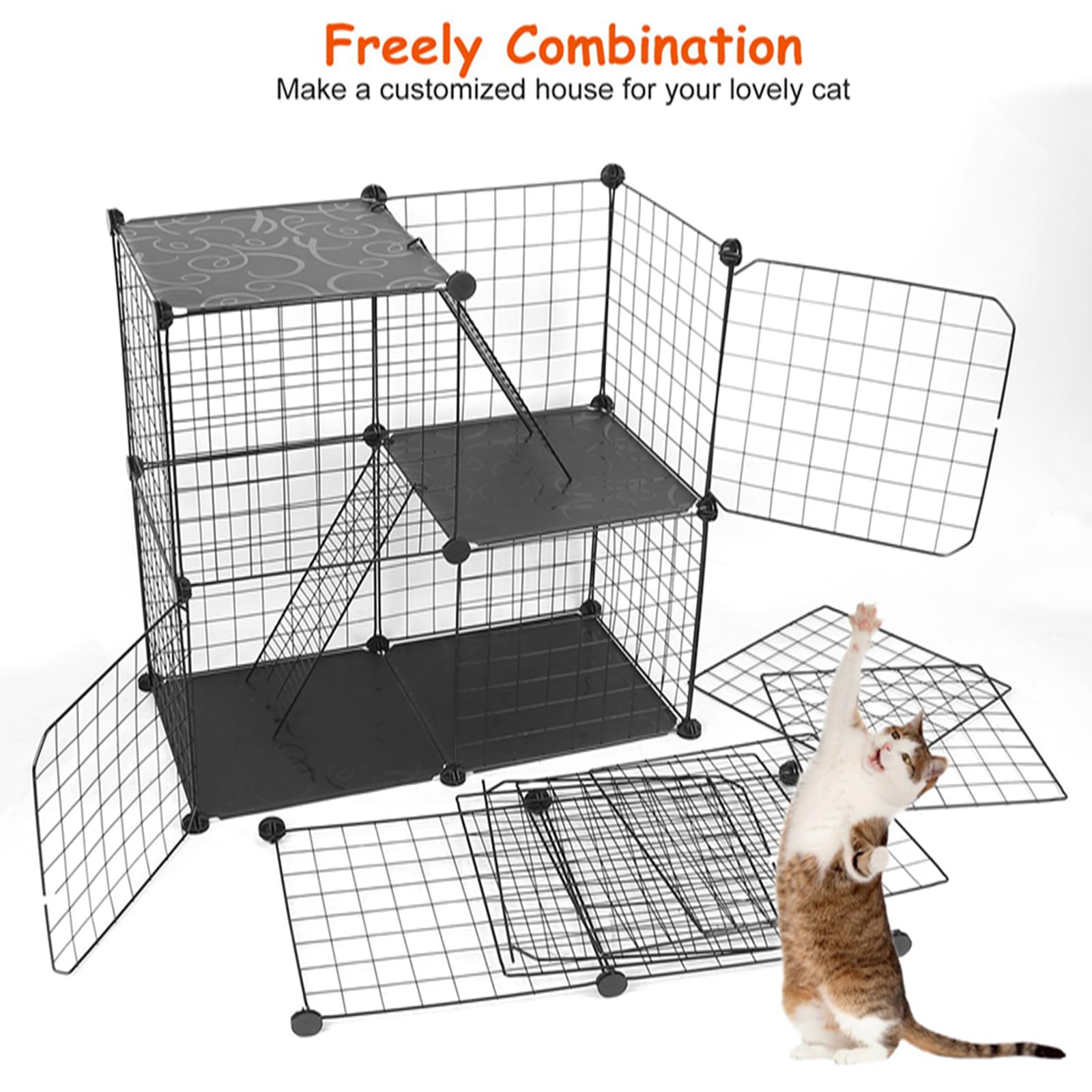 3 Tier Cat Cage Playpen - 42 Inch Indoor & Outdoor Metal Cat Enclosure with 3 Doors & 2 Ladders - Detachable Large Cat Playpen for 1-2 Cats - Easy Assembly Black Pet Exercise Pen - Perfect for Home, Garden, or Travel Use