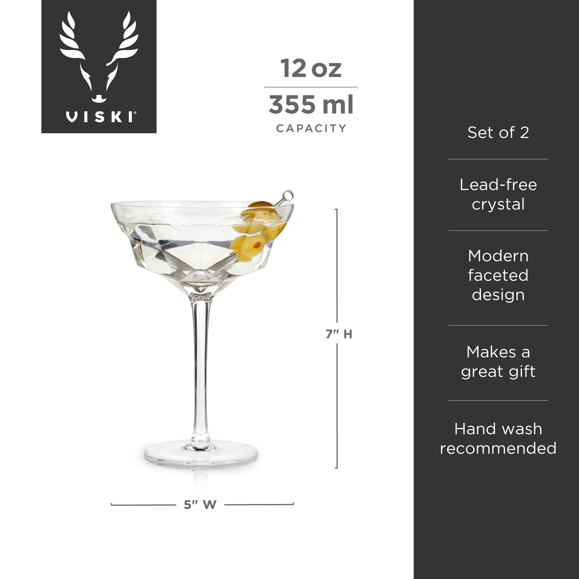 Premium Faceted Martini Glasses Set of 2 - 10oz Crystal Cocktail Coupe Glasses for Home & Bar - Elegant Stemmed Drinkware for Martinis, Cosmopolitans & Champagne - Perfect Gift for Wedding, Anniversary & Housewarming Parties