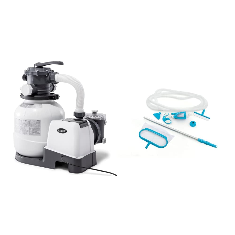 Intex 26645EG SX2100 Krystal Clear Sand Filter Pump & 28003E Deluxe Pool Maintenance Kit for Above Ground Pools - 12 Inch Sand Filter System with Pool Cleaning Tools for Crystal Clear Water - Perfect for Backyard, Inflatable, and Family Swimming Pools