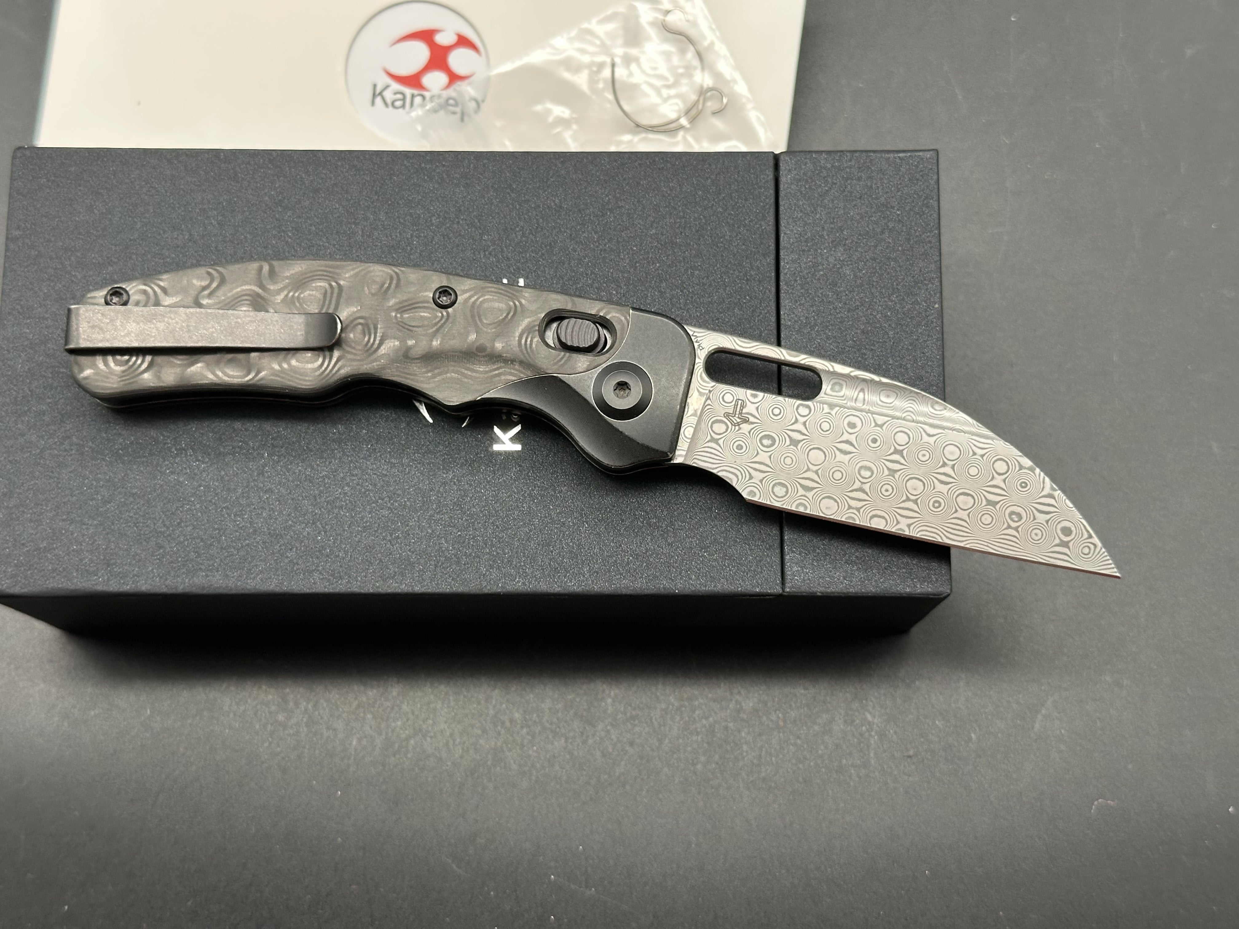 KANSEPT VIVID Blackwash Titanium & Rose Carbon Fiber Handle Damascus Plain Edge Folding Knife - EDC, Outdoor Survival, Camping & Tactical Use
