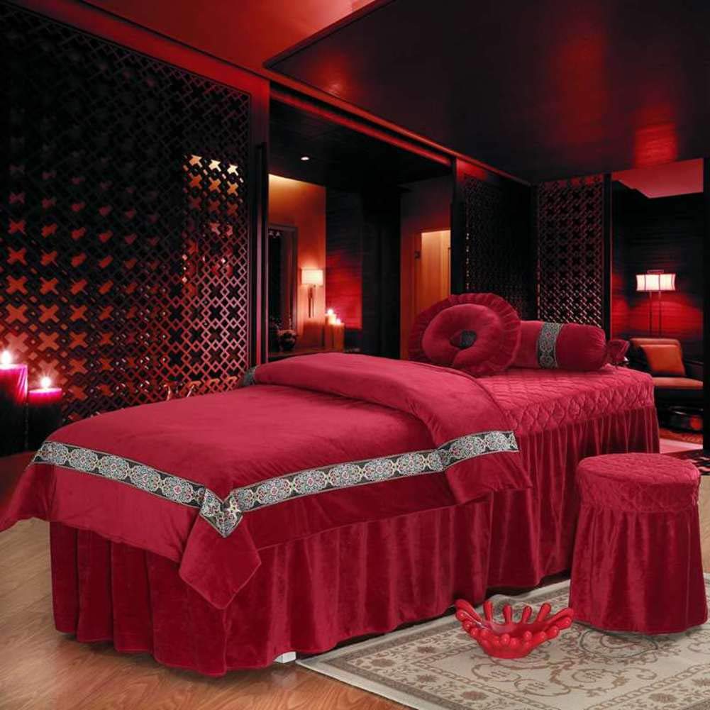 Luxury Plush Beauty Massage Table Sheet Set - European Style Velvet 4-Piece Bed Cover with Face Rest Hole for Spa & Salon - Red 80x190cm (31x75inch) - Perfect for Professional Massage Therapy, Facial Treatments and Relaxation Sessions