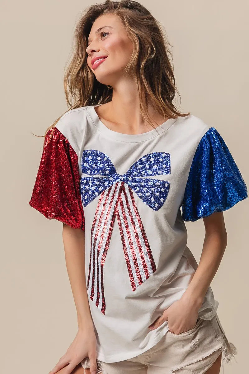 BiBi Sequin American Flag Bow Top - Patriotic Glamour for Women | Perfect for 4th of July, Independence Day & USA Themed Parties