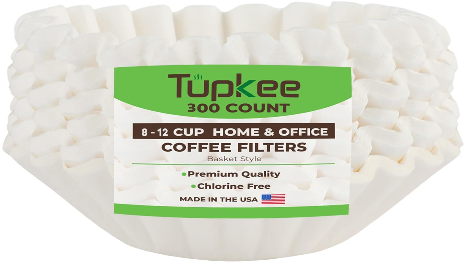Tupkee 8-12 Cup Basket Coffee Filters - 300 Count, White Chlorine-Free Paper Filters for Drip Coffee Makers, Made in USA | Perfect for Home Brewing, Office Use & Camping Trips
