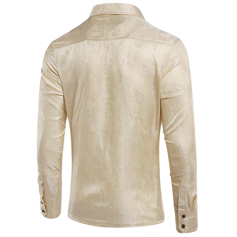 Slim Fit Embroidered Beige Paisley Shirt for Men - Casual Button Down Long Sleeve Dress Shirt for Office, Date Night & Special Occasions