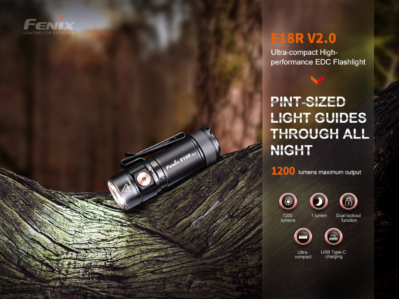 Fenix E18R V2 Rechargeable LED Flashlight - 1200 Lumens, USB-C, Compact EDC Light for Camping, Hiking & Emergency Use
