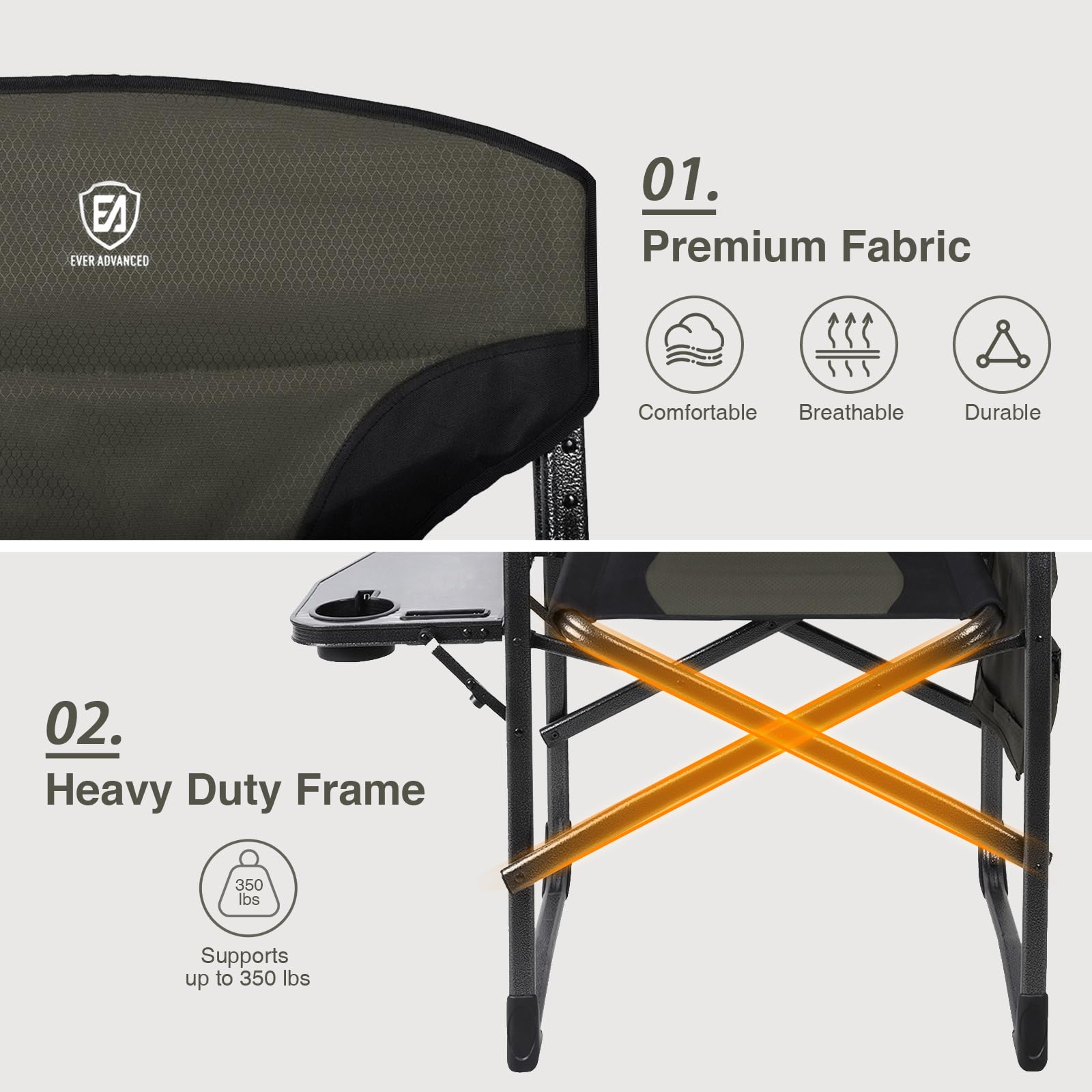 EVER ADVANCED Lightweight Folding Director's Chair - Portable Aluminum Camping Chair with Side Table & Storage Pouch - Heavy Duty Supports 350lbs for Outdoor, Beach, Picnic, and Backyard Relaxation