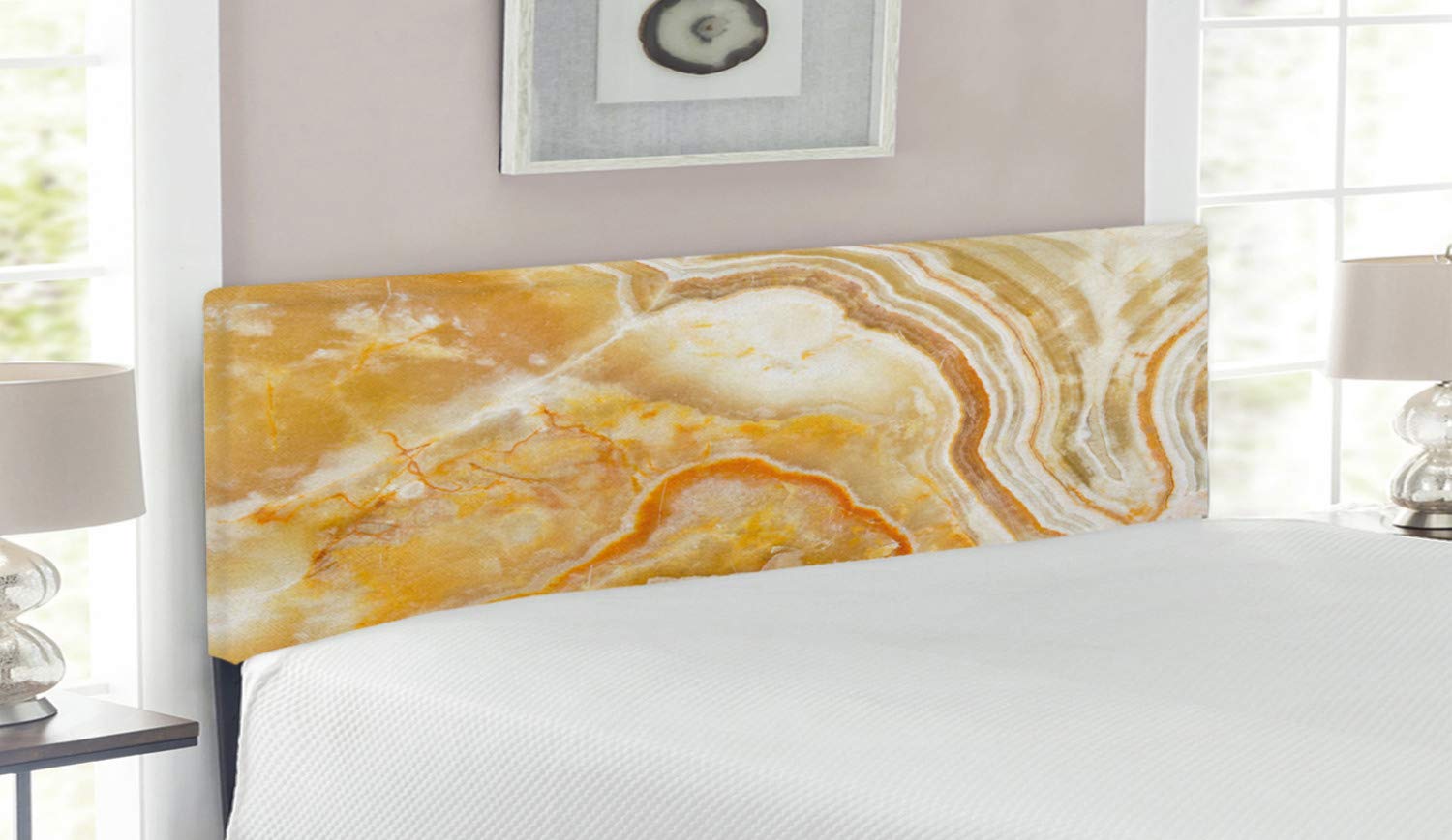 Lunarable Marble Print Queen Size Headboard - Ceramic Style Upholstered Metal Bed Frame with Memory Foam & Swirled Stripes Design in Marigold Sand Brown | Perfect for Modern Bedroom Decor & Luxury Master Suite Upgrade