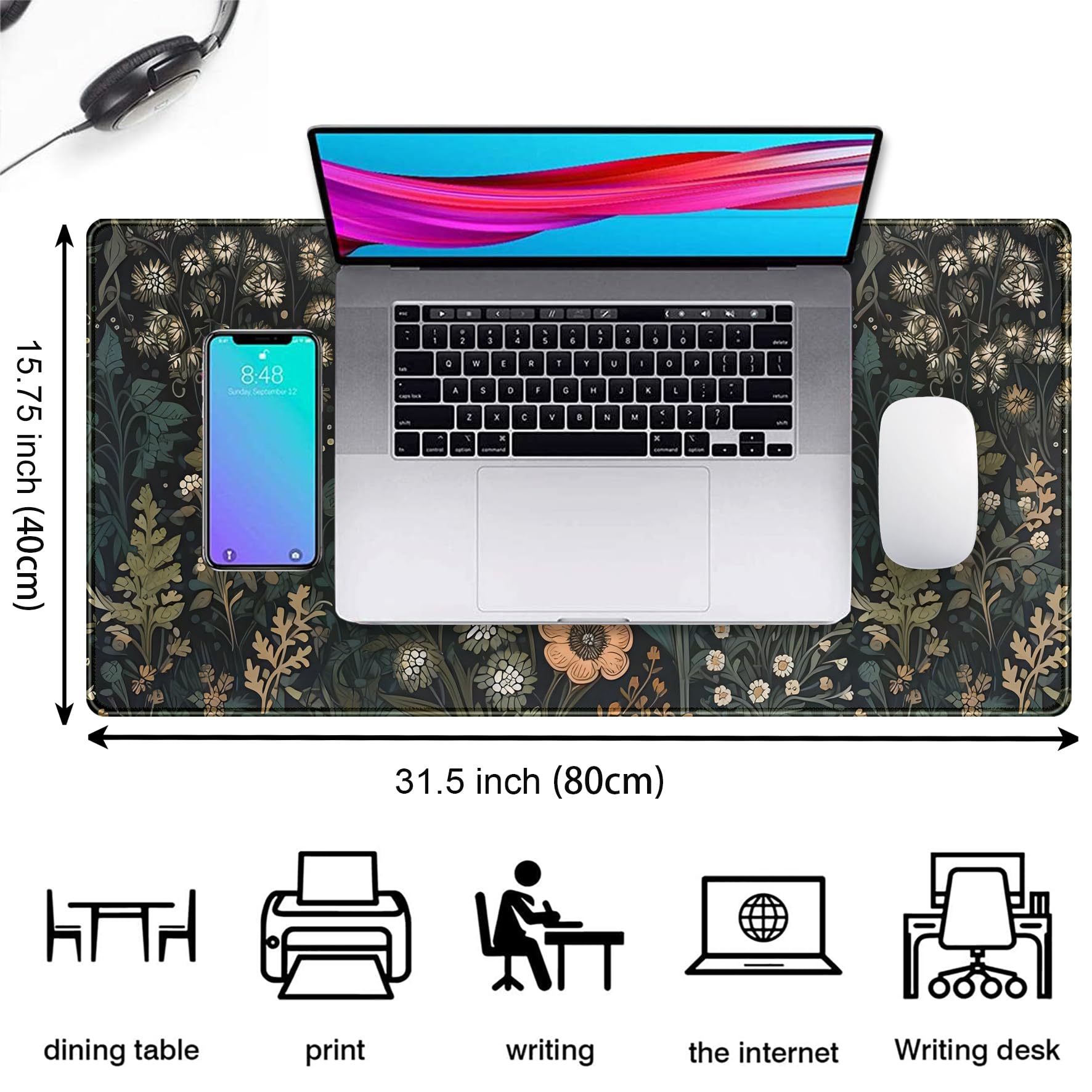 Floral Plants Mouse Pad - Dark Flower XXL Gaming Desk Mat (31.5