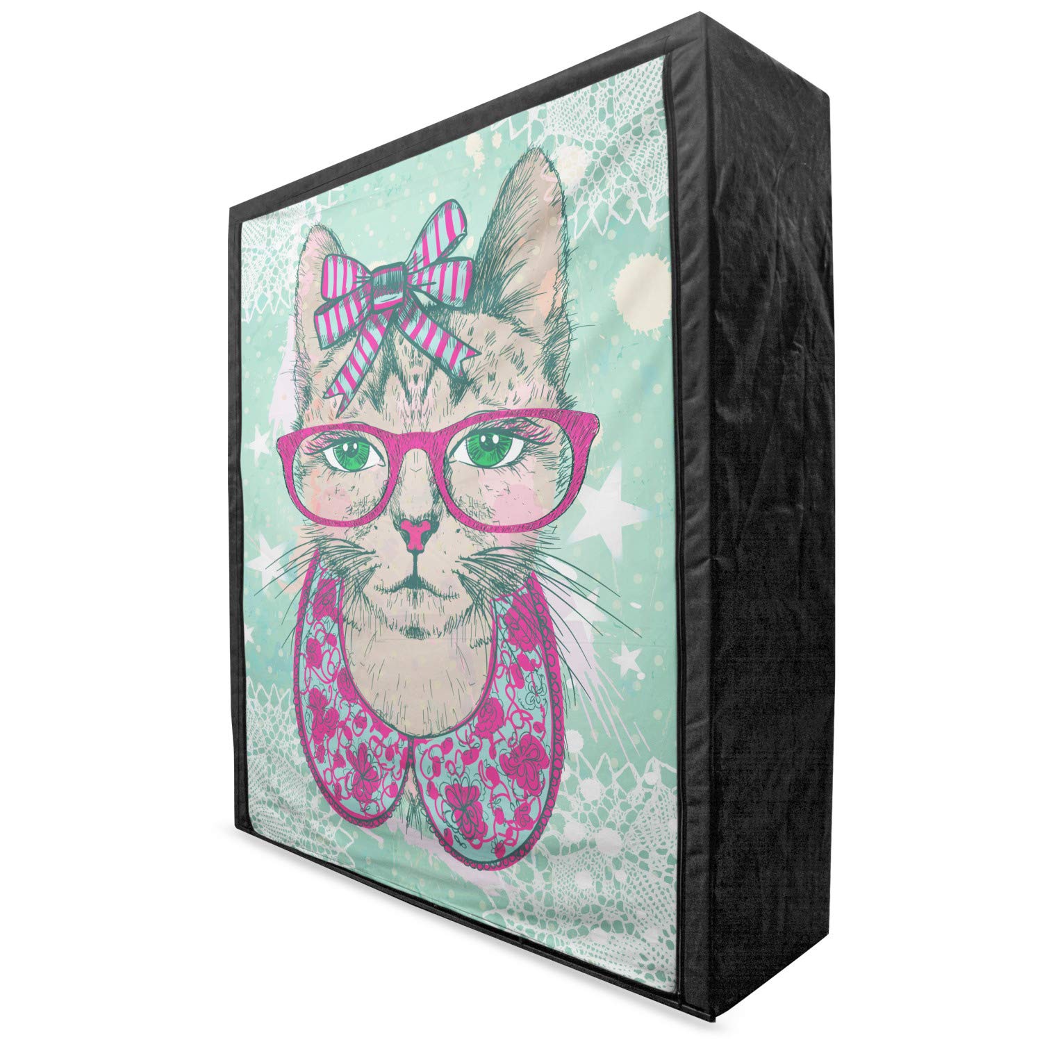 Ambesonne Cat Fabric Wardrobe - Vintage Humorous Cat Graphic with Hipster Glasses & Lace Bow, 59