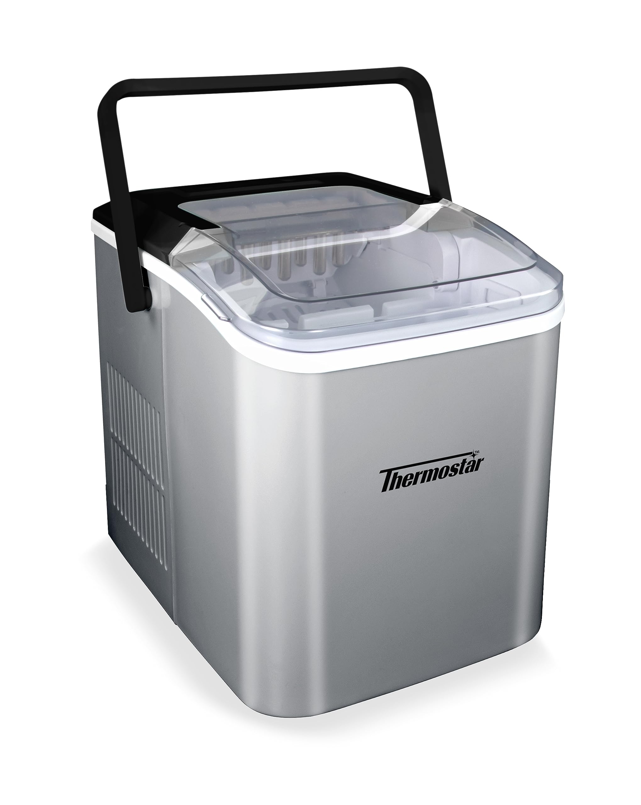 Nostalgia Thermostar Automatic Self-Cleaning Portable Electric Countertop Ice Maker - 26 lbs/24H with Ice Scoop & Basket - Compact Silver Ice Machine for Home, Office, RV - Perfect for Cocktails, Sodas, Water Bottles & Party Drinks