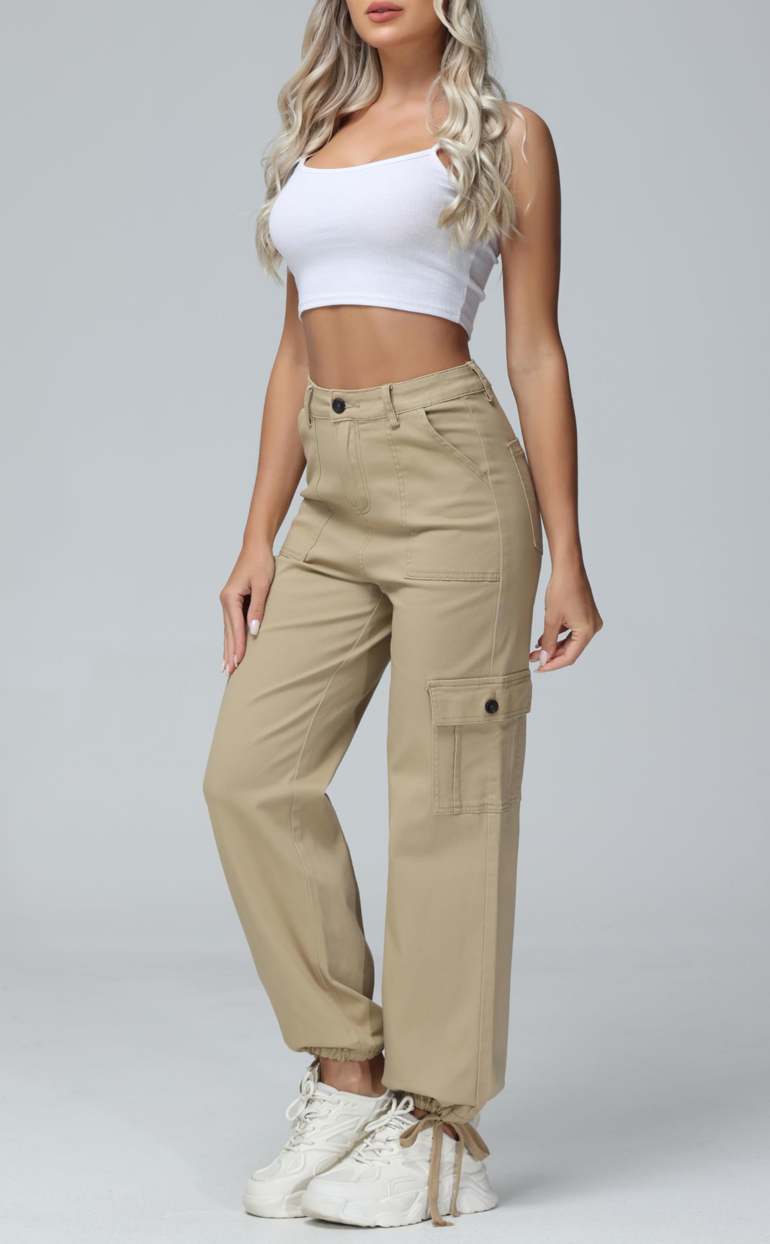 GUNLIRE Women's High Waist Cargo Pants - Baggy Y2K Streetwear with 6 Pockets, Wide Leg Stretch Straight Fit Elastic Slacks | Casual Outfits, Urban Fashion, Workwear