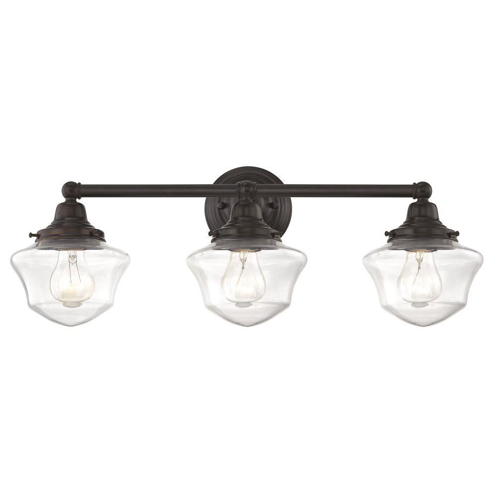 Vintage Bronze Schoolhouse Bathroom Light Fixture - Clear Glass Shade, 3 Lights, 23.125