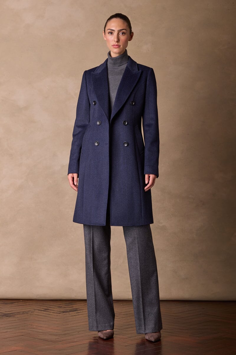 Loren Coat - Navy and Black Herringbone Wool Cashmere Blend Winter Overcoat for Men & Women | Warm Stylish Outerwear for Office, Dating & Formal Occasions
