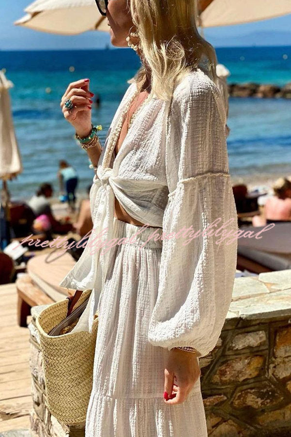 Sunseeker Women's Front Tie Blouse & Elastic Waist Tiered Maxi Skirt Set - Summer Beach Outfit for Vacation, Date Night and Boho Fashion