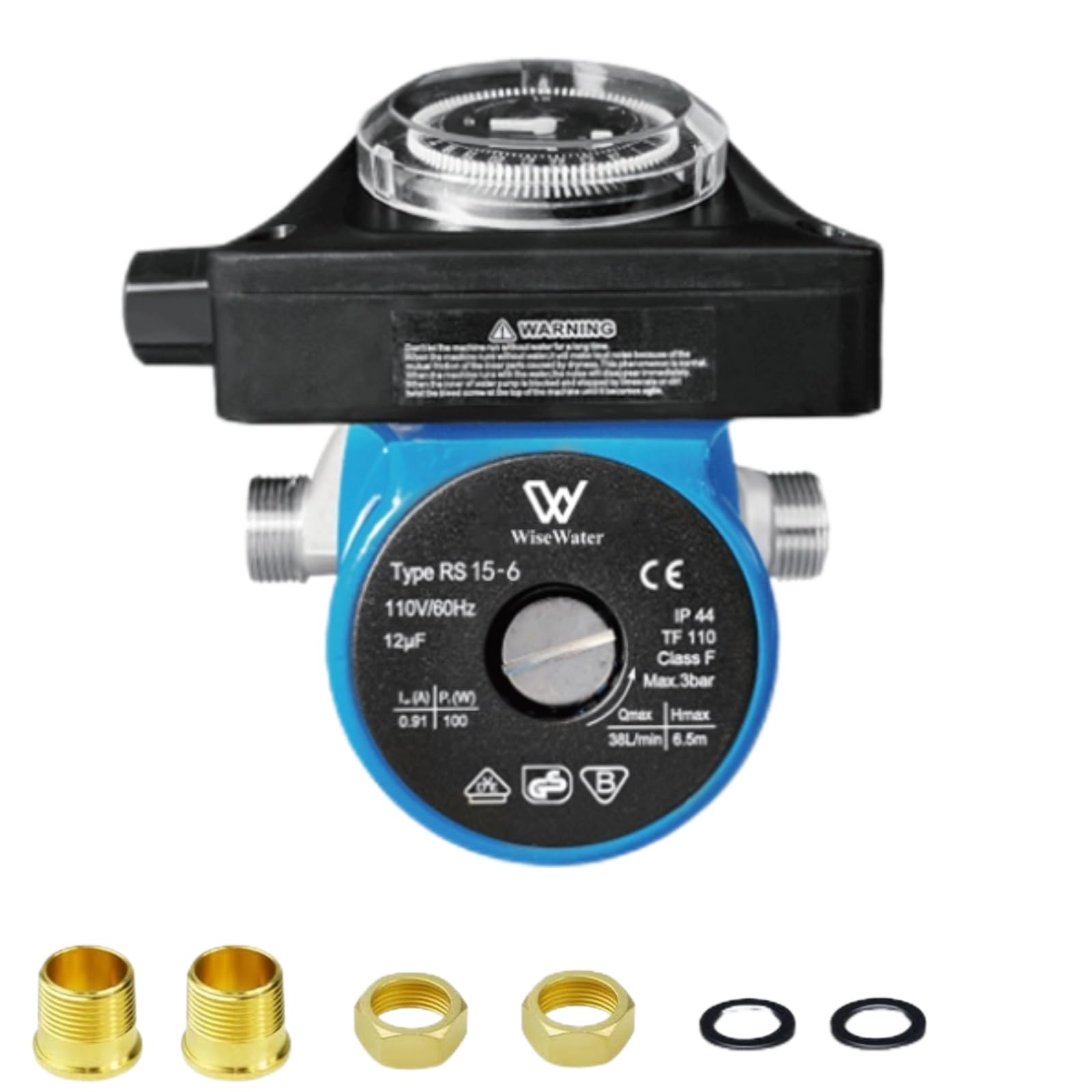 WiseWater 110V Shielded Hot Water Recirculating Pump with Timer - 100W 10 GPM Circulation Pump for Boiler, Solar Heater & Hydronic Radiant Heating - 3/4