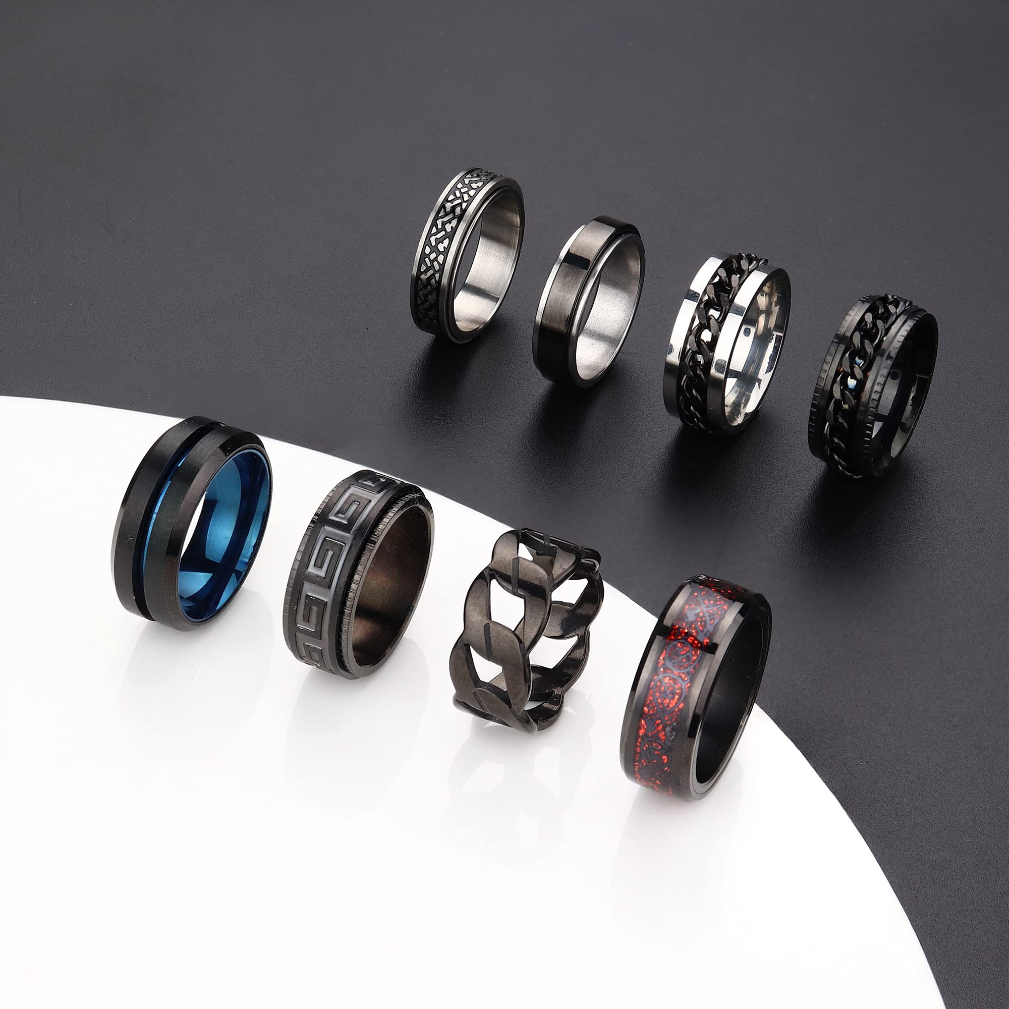 8Pcs Silver Black Fidget Rings for Anxiety Relief - Spinning Stress Rings for Adults & Teens - Trendy Chain Band Rings for Men & Women - Perfect for Office, School, Travel and Anxiety Management