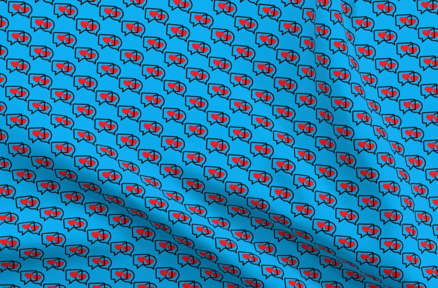 Premium Spoonflower Fabric - Printed Satin with Love Hearts & Conversation Bubbles in Bright Blue & Red - Fat Quarter for Sewing, Apparel, Fashion, Blankets & Home Decor | Perfect for DIY Crafts, Quilting & Gift Making