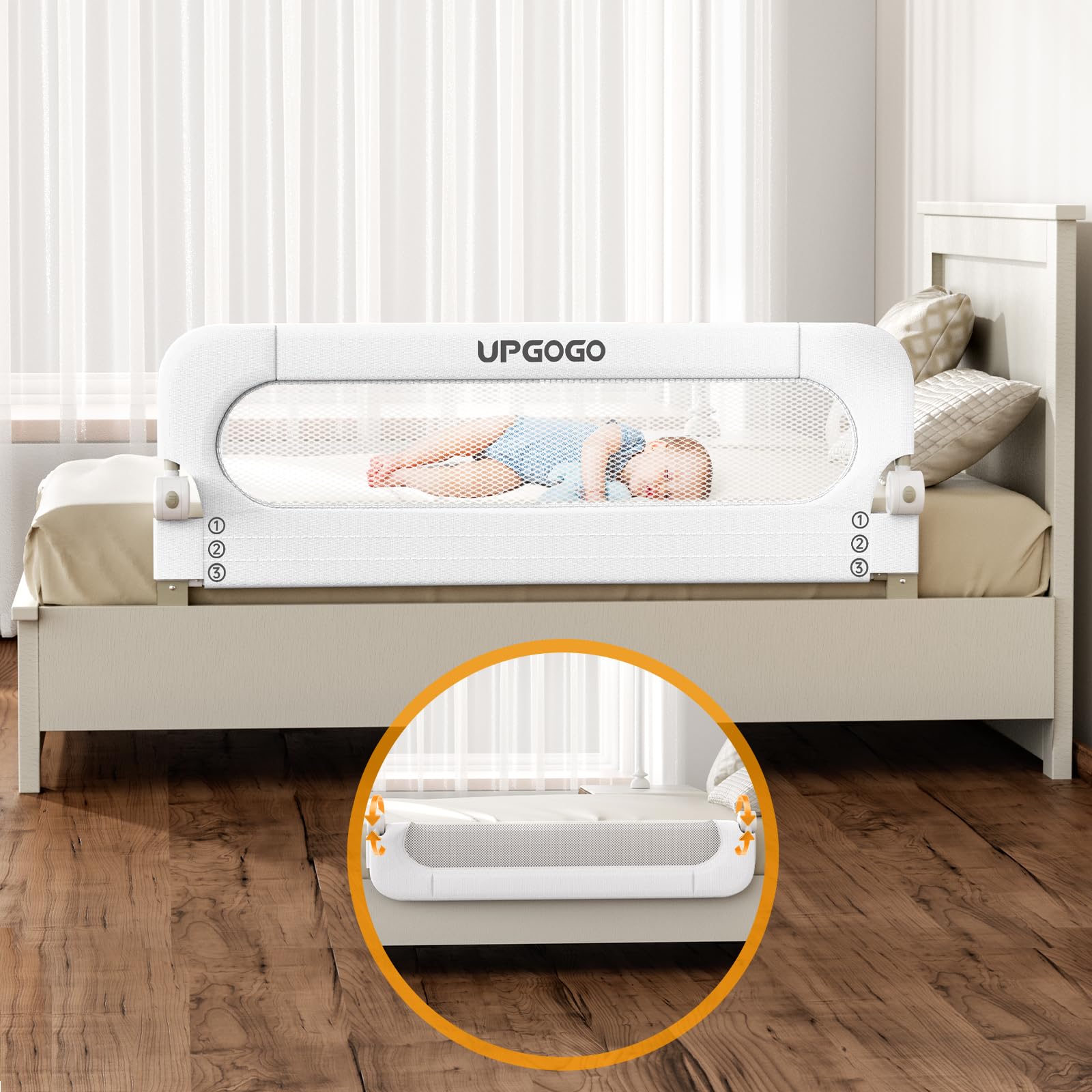 **Toddler Safety Bed Rail - Adjustable Folding Bed Guard for Kids with Reinforced Anchor System - Fits Twin, Full, Queen & King Beds (White, 59