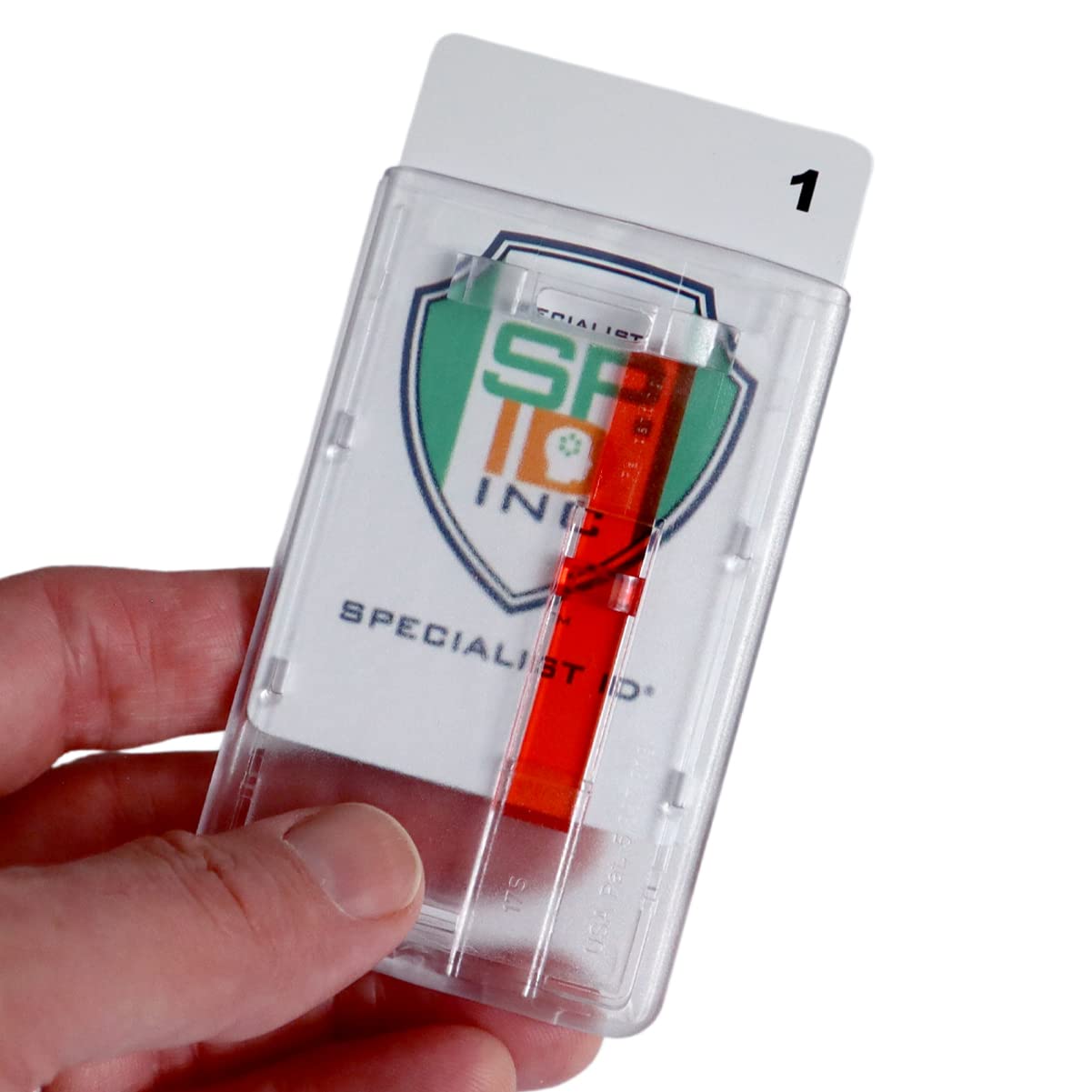 50 Pack Frosted Vertical Rigid Badge Holders - Clear Hard Plastic ID Card Dispensers with Red Extractor Slide & Thumb Tab - Perfect for Office, School, Events & Security Personnel (Bulk Discount)