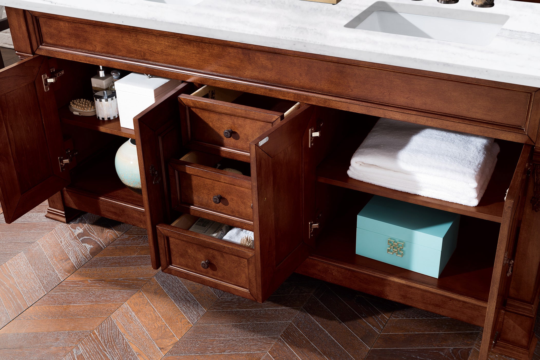 Brookfield 72 Inch Double Bathroom Vanity with Warm Cherry Finish & 3CM Arctic Fall Solid Surface Top - Perfect for Master Bathroom Remodeling