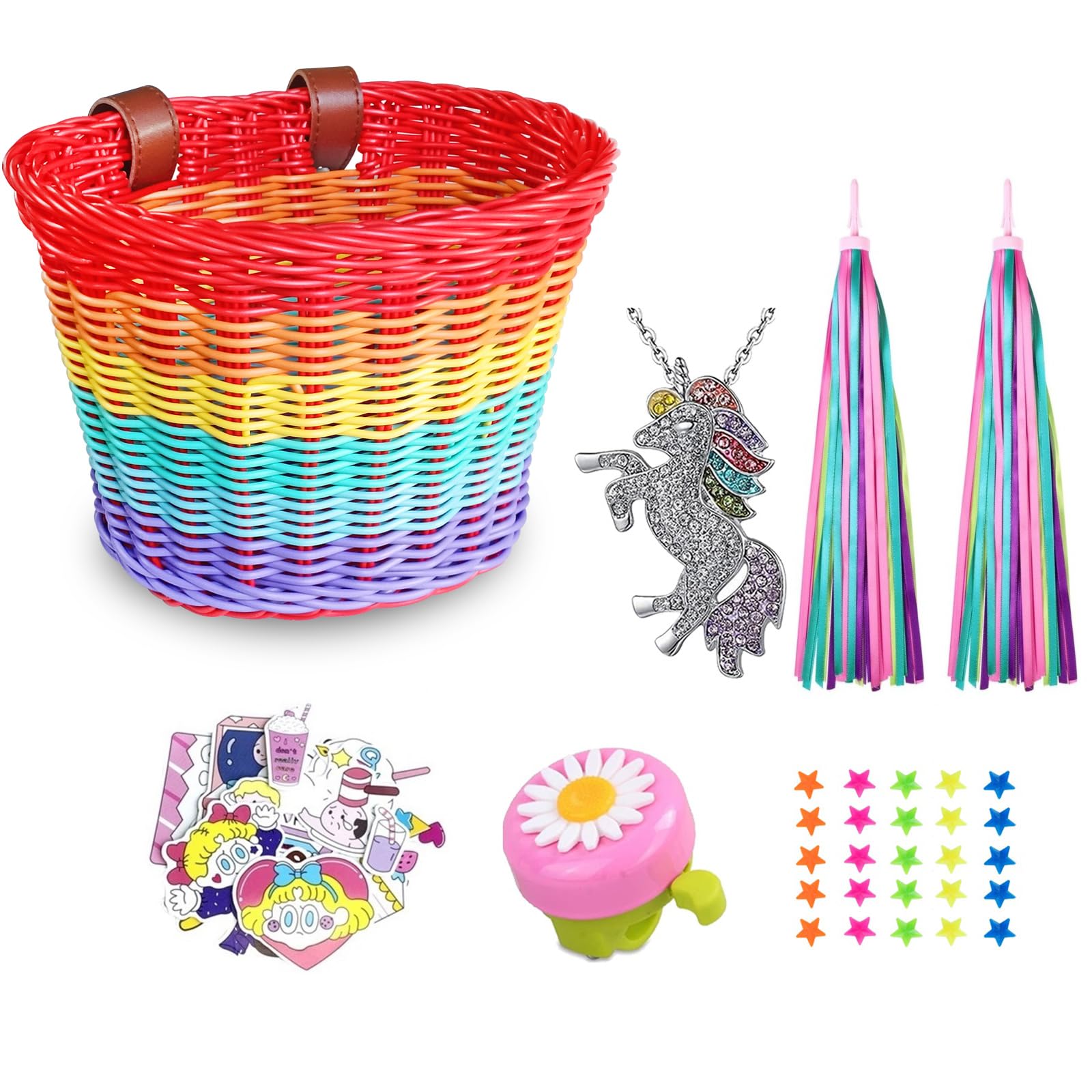 Kids Bike Basket for Girls - Wicker Handlebar Bicycle Basket with Unicorn Necklace, Bell, Streamers & Stickers | Perfect for School, Park Rides & Birthday Gifts