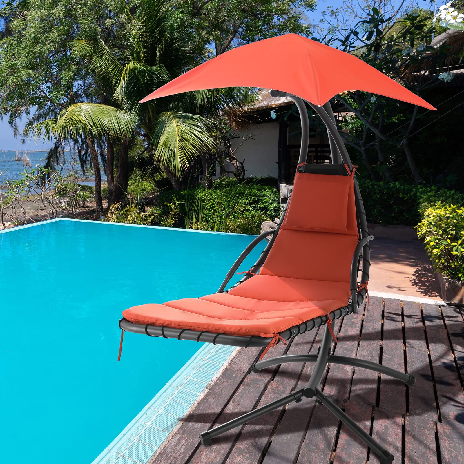 Adjustable Outdoor Patio Hanging Chaise Lounge Chair with Arc Stand - Floating Curved Hammock with Air Porch Stand, Built-in Pillow & Removable Canopy - Perfect for Backyard, Garden, Poolside & Indoor Relaxation - Orange (SAB-OT-001)
