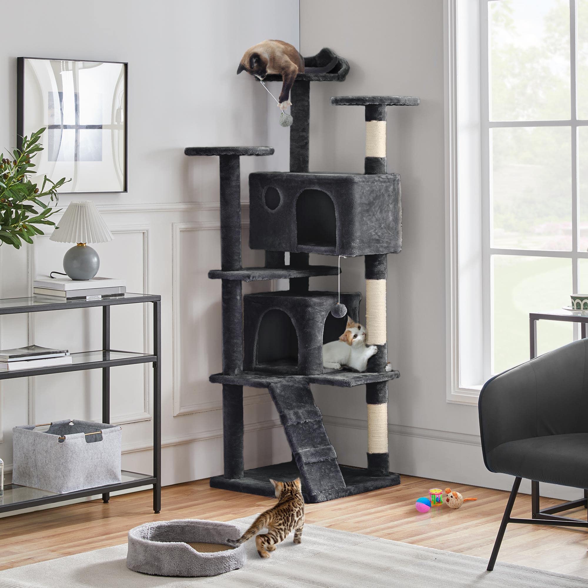 Topeakmart 70 Inch Multi-Level Cat Tree Tower with Scratching Posts, Dangling Toys, and Condos - Sturdy Cat Furniture for Indoor Cats (Black) - Perfect for Small Spaces, Apartments & Playful Kittens