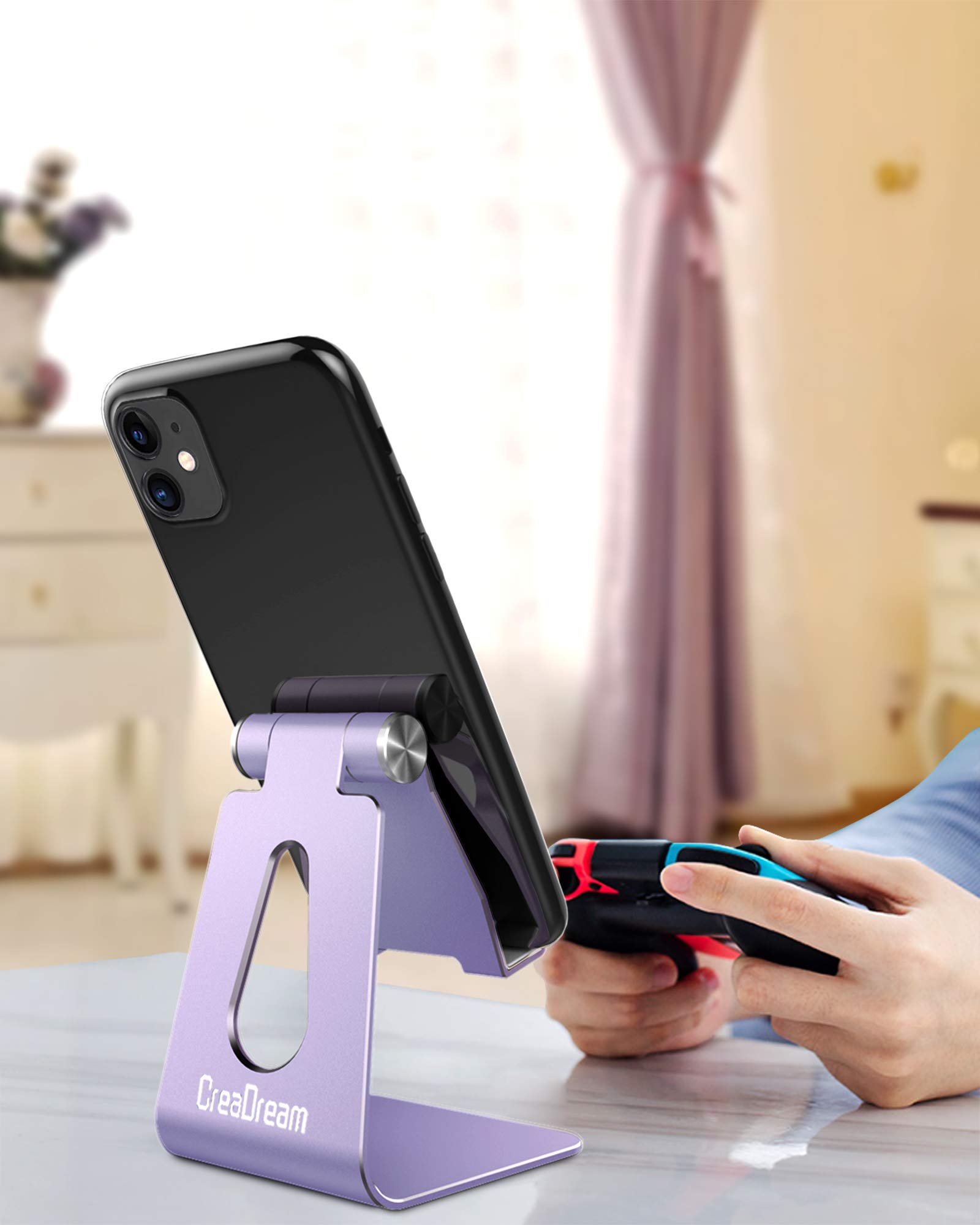 CreaDream Adjustable Aluminum Phone Stand Holder - Universal Dock & Cradle for iPhone 13 12 11 Pro Max & All Smartphones - Desktop Charging Stand Accessories (Purple) - Perfect for Home Office, Bedside & Travel Use