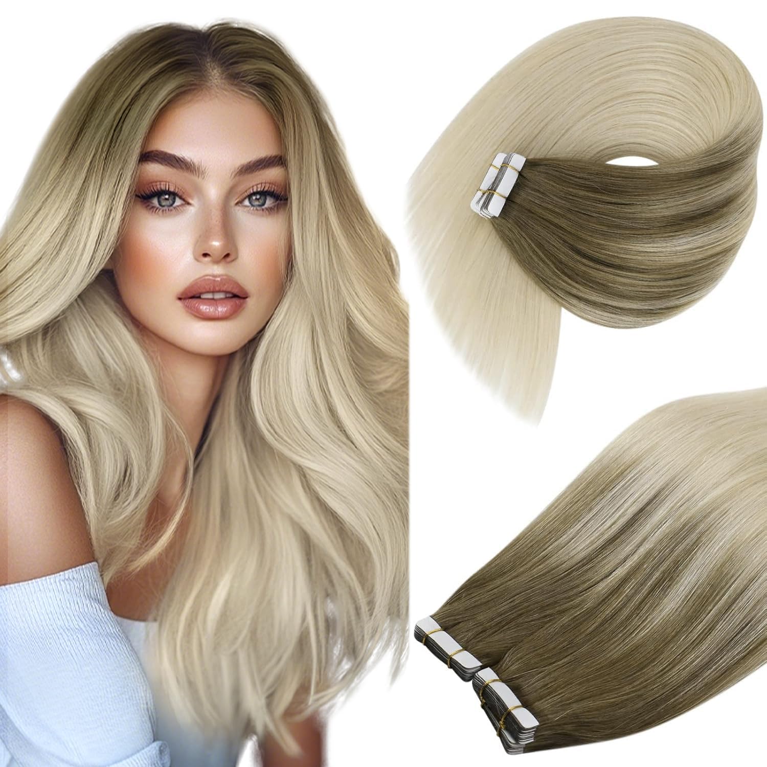 Ve Sunny 20pcs 50g 14in Ombre Human Hair Tape-in Extensions - Light Brown to Platinum Blonde - Invisible Seamless Hair Extensions for Natural Volume & Length - Perfect for Parties, Weddings & Daily Styling