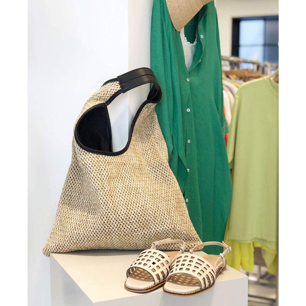 Boho Straw Tote Bag with Leather Handle - Beach & Travel