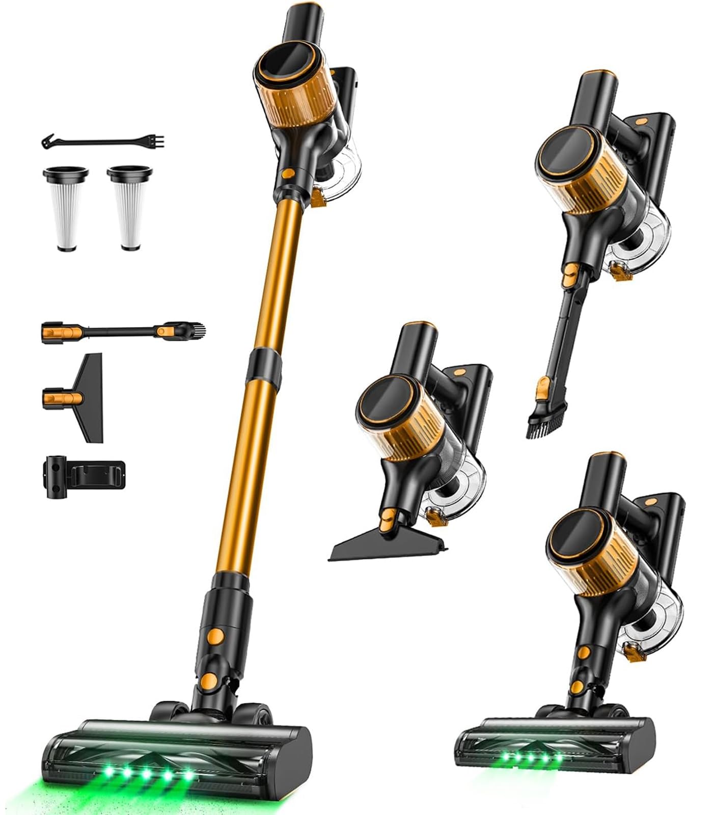 8-in-1 Cordless Vacuum Cleaner with Powerful Suction & LED Display - Lightweight Stick Vacuum for Hard Floors, Carpets & Pet Hair - 3 Adjustable Modes, 45Min Detachable Battery (Golden) - Perfect for Quick Home Cleaning & Pet Owners