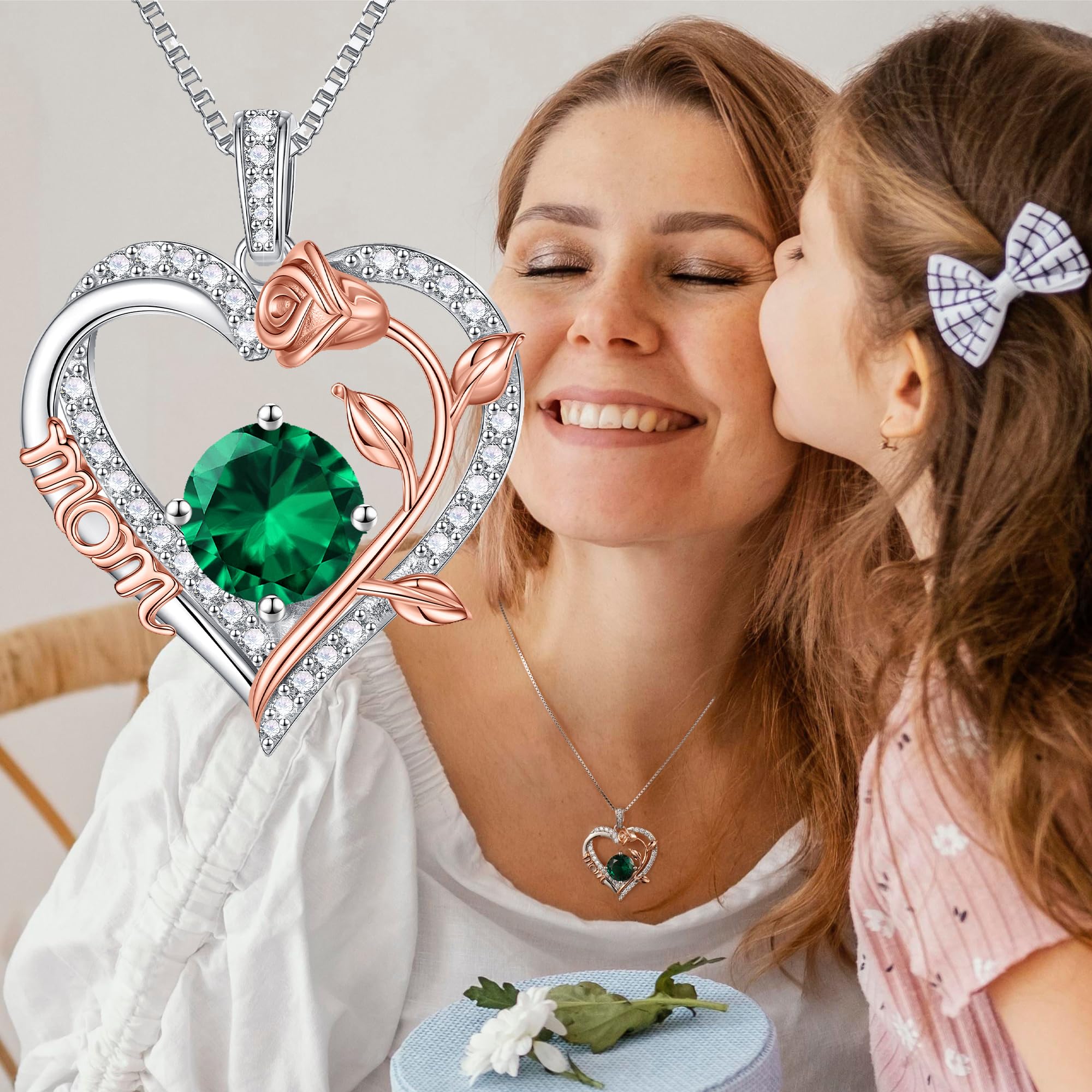 Rose Heart Birthstone Necklace for Mom - 925 Sterling Silver Pendant Jewelry | Mother's Day, Birthday Gift for Women | Perfect for Valentine's Day, Anniversary & Special Occasions