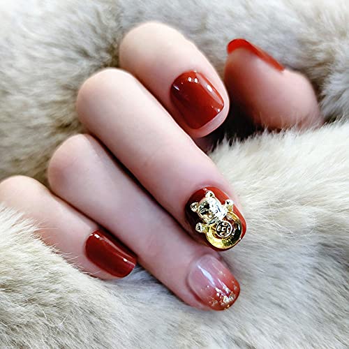 24pcs Fake Press on Nails - Short Red Ombre Cat Design False Nails with Decorations | Perfect for Parties, Halloween Costumes & Everyday Glam