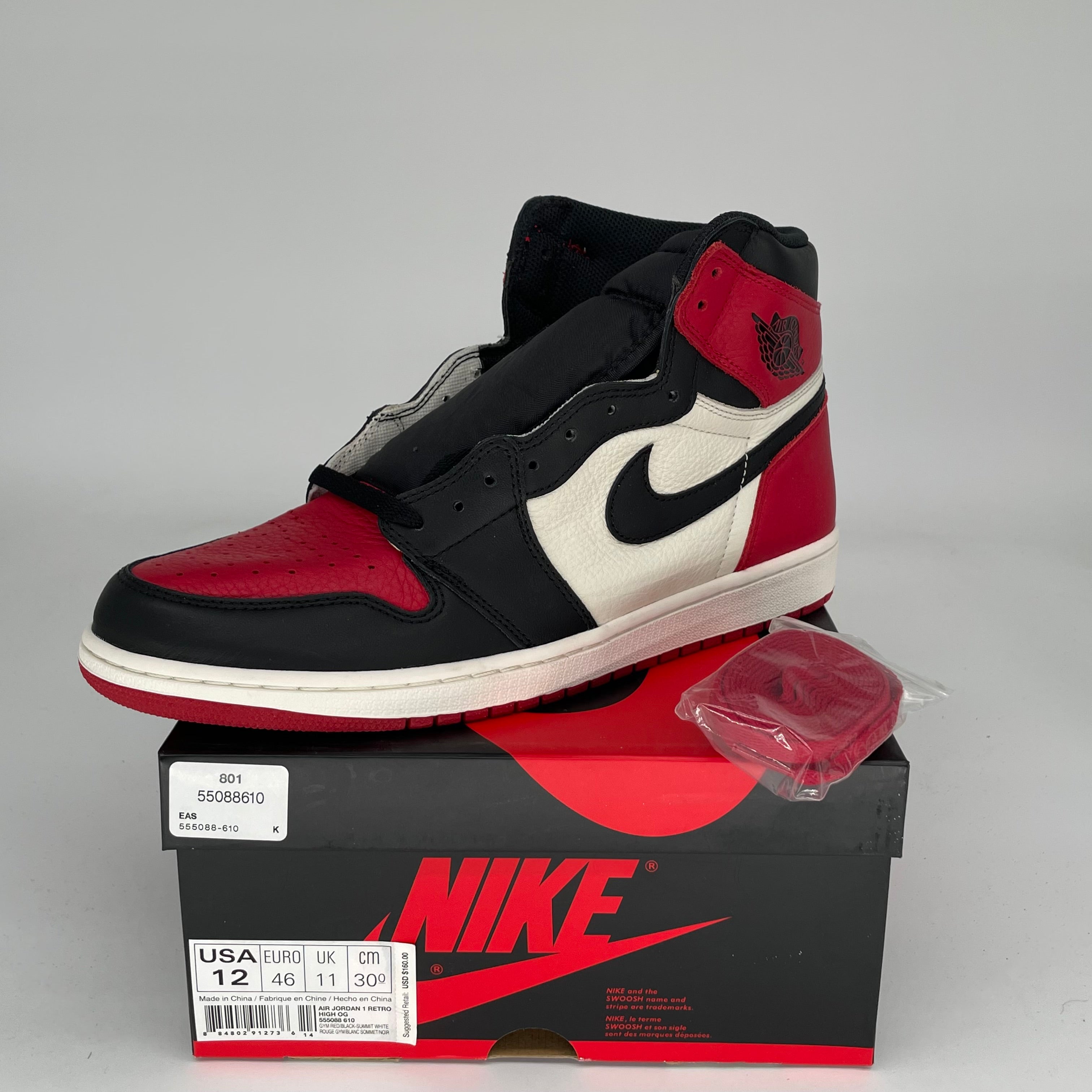Air Jordan 1 Retro High OG 'Bred Toe' Men's Basketball Shoes Size 12 (555088-610) - Perfect for Sneaker Collectors & Streetwear Fashion