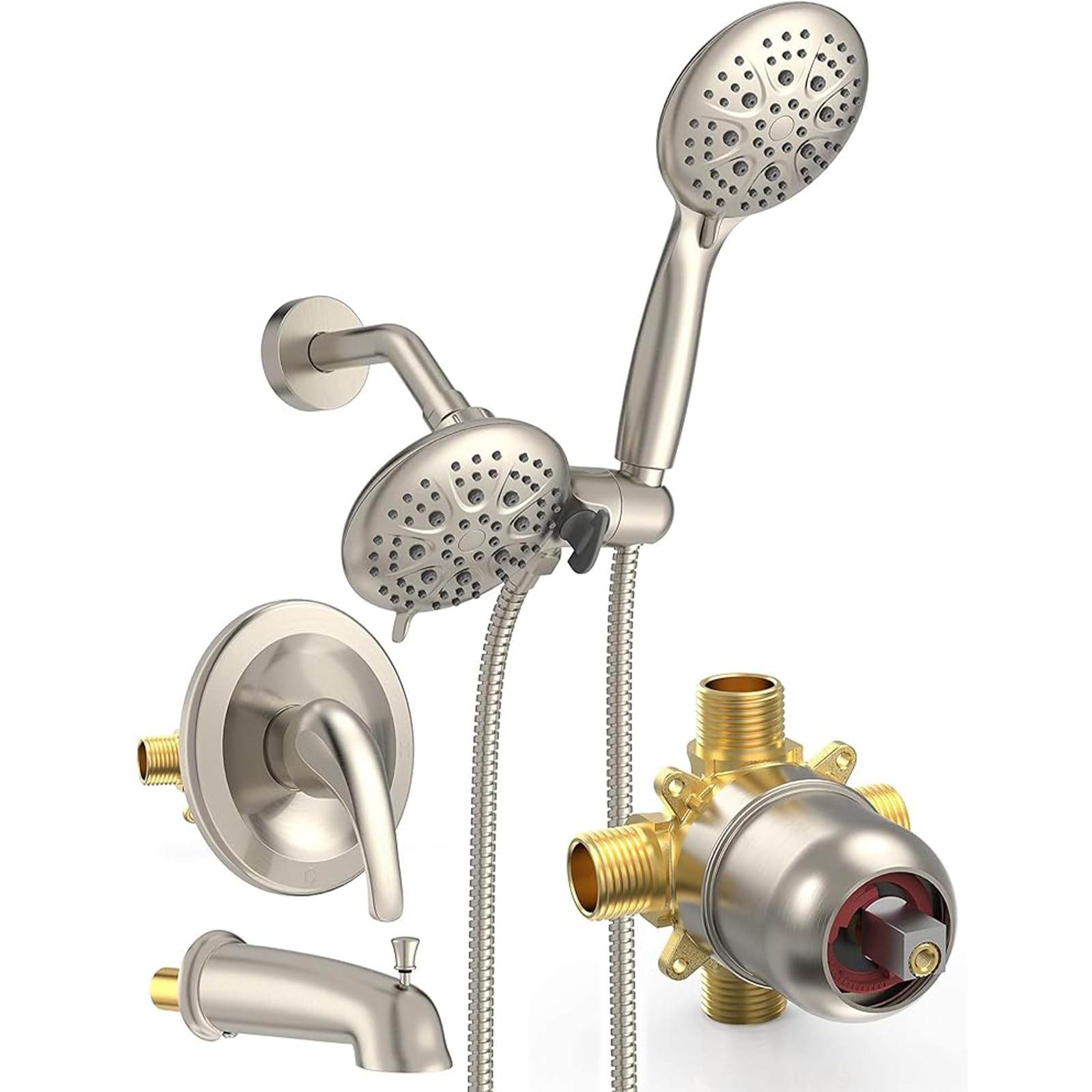 SR SUN RISE 35-Function Dual Shower System with Rain Shower Head & Tub Spout - High Pressure 2-in-1 Shower Combo Faucet Set in Brushed Nickel - Includes Patented 3-Way Diverter Valve - Perfect for Bathroom Renovation & Spa-Like Shower Experience