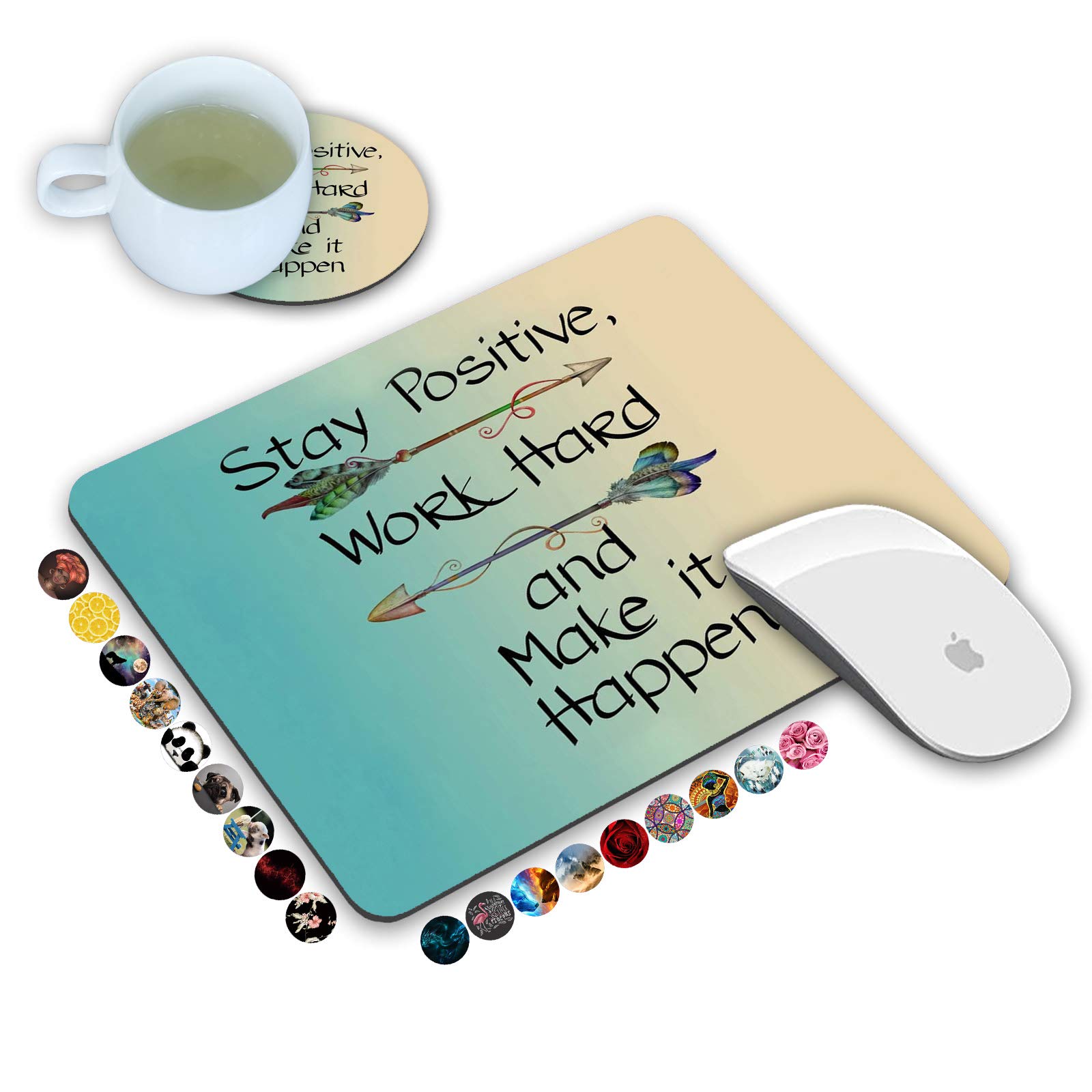 Non-Slip Rubber Base Mouse Pad and Coasters Set with Inspirational 'Stay Positive Work Hard' Quote - Perfect for Office, Gaming & Home Computer Workstations