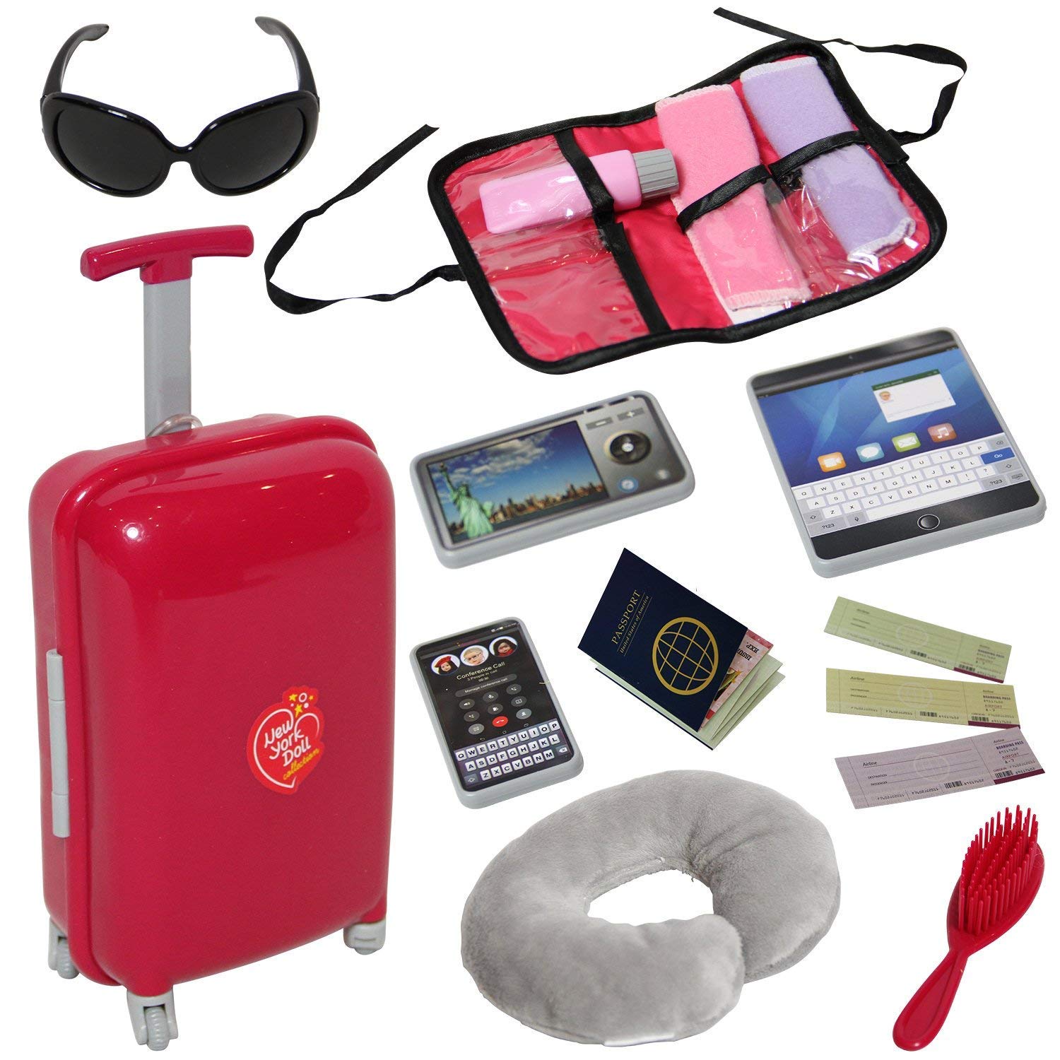 18 Inch Doll Travel Playset - 15 PC Accessories with Suitcase, Glasses & Pillow - Best Toy Gift for 3 Year Old Girls - Compatible with Most American Girl Dolls - Perfect for Pretend Play, Travel Adventures & Birthday Gifts