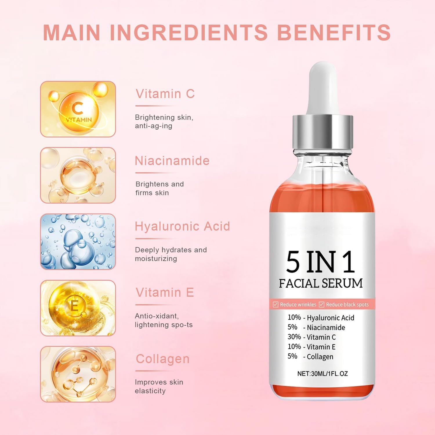 5-in-1 Vitamin C Facial Serum with Hyaluronic Acid & Niacinamide - Brightening & Hydrating Anti-Aging Face Serum for Women - Dark Spot Corrector & Collagen Booster for Dull Skin - 1.05 Fl Oz - Perfect for Daily Skincare Routine & Nighttime Hydration