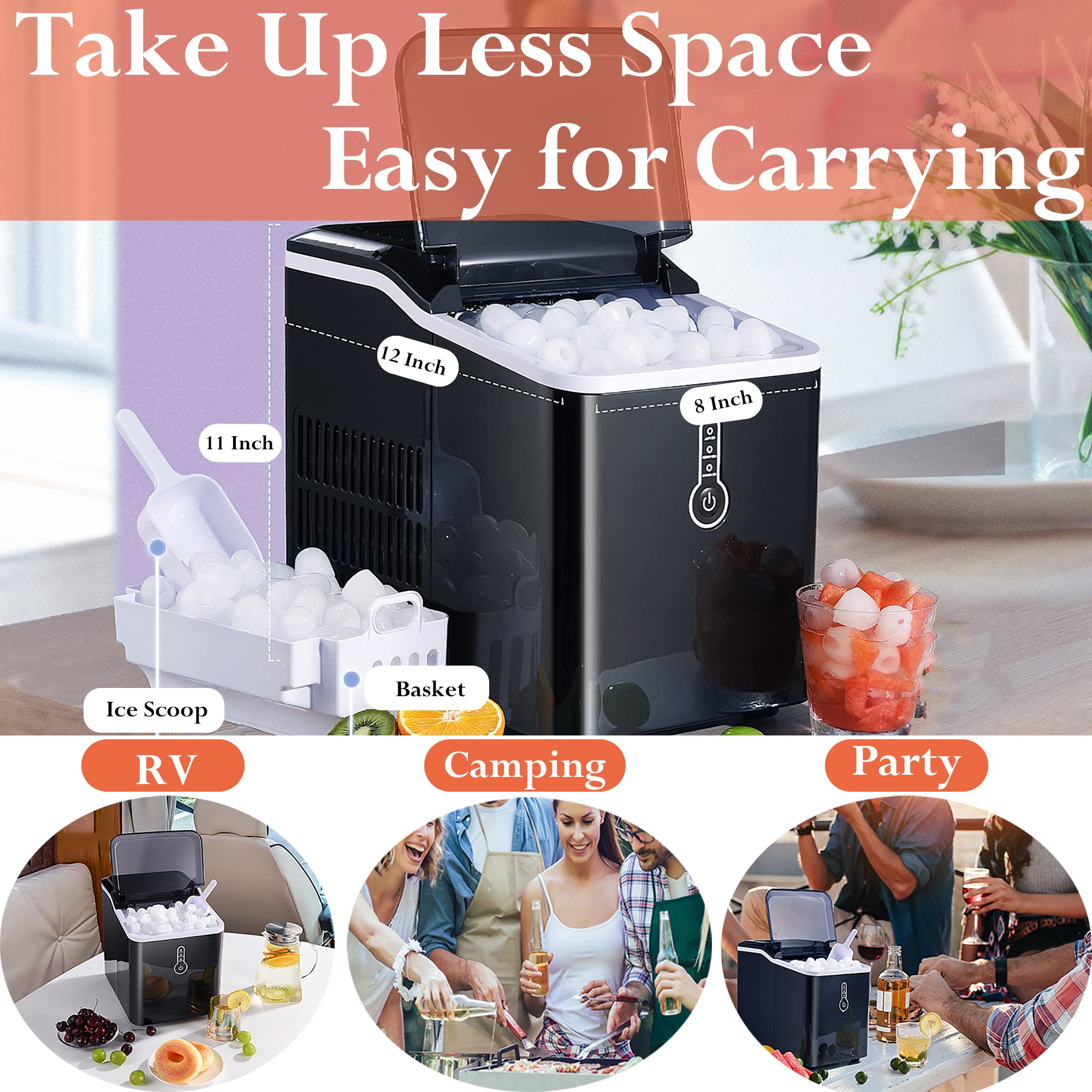 26lbs Portable Ice Maker Machine - Self-Cleaning Countertop Ice Maker with 1.5L Capacity, Makes 9 Cubes in 8 Minutes - Compact Electric Ice Machine with Scoop & Basket for Home, Office, Camping, RV, Parties (Black)