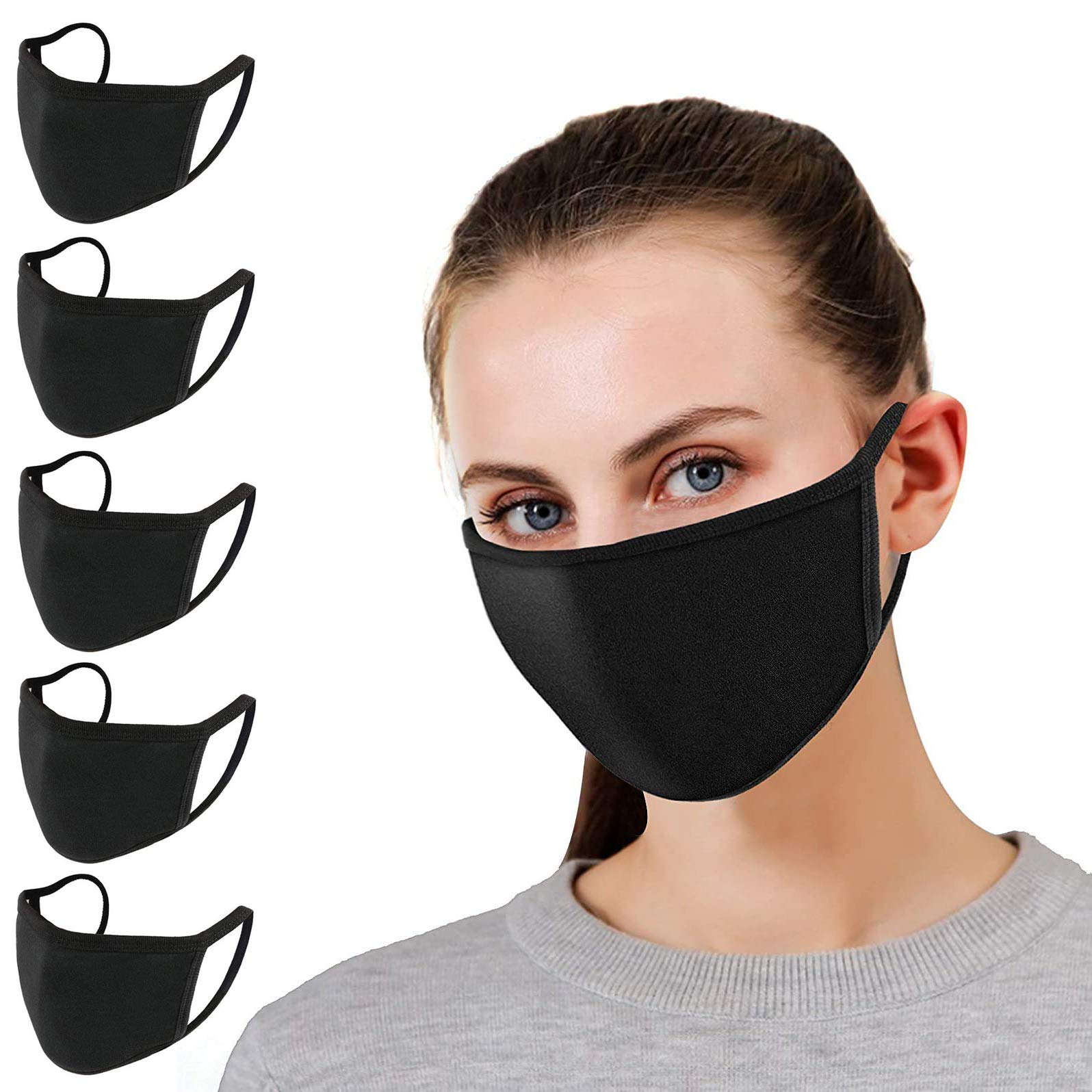 5-Pack 100% Cotton Reusable Face Masks - Washable Unisex Dust Protection Mask, Breathable Anti-Dust Mouth Cover, Bandana Style for Men & Women (Black) - Perfect for Outdoor Activities, Travel, Cycling, and Daily Protection