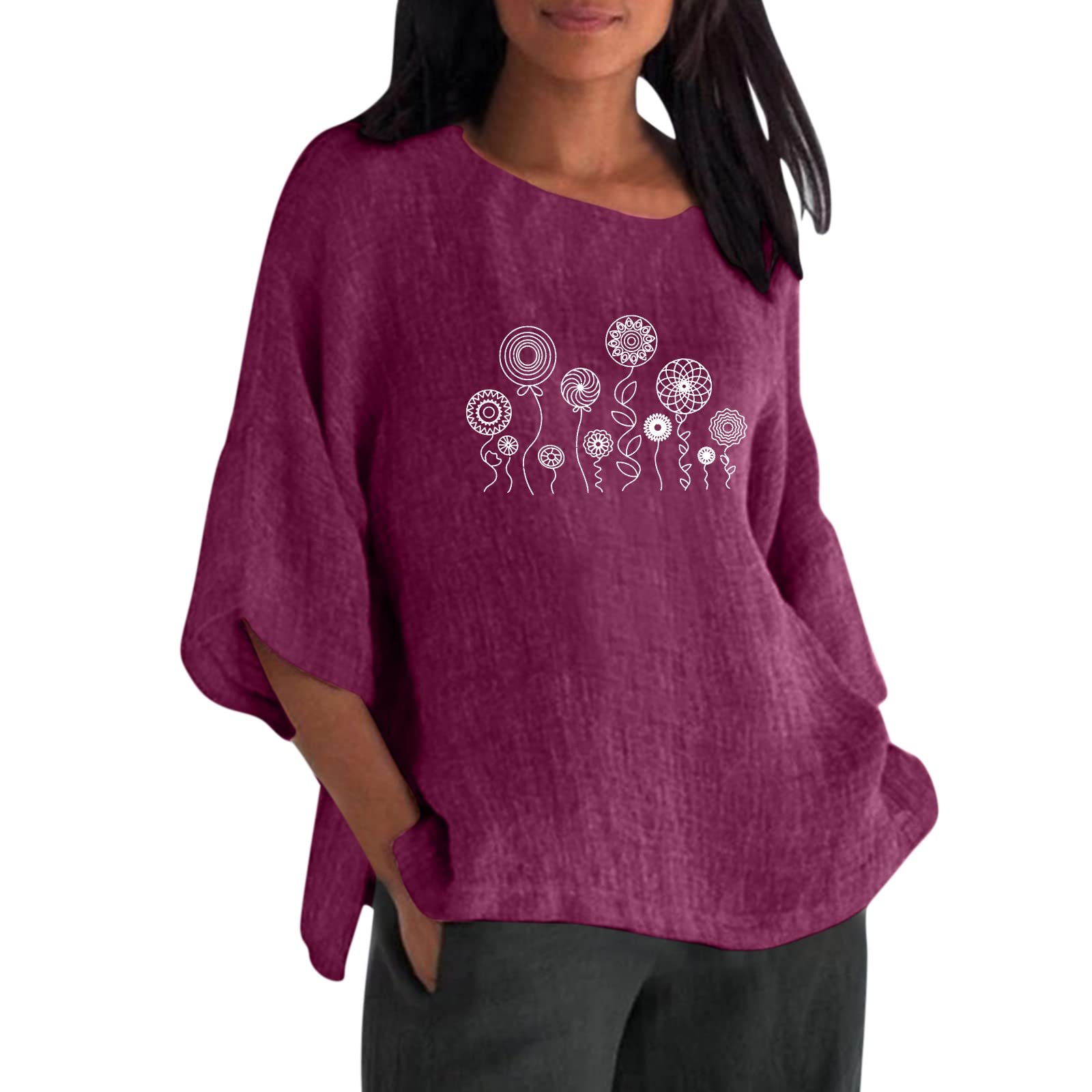 Women's Floral Printed 3/4 Sleeve Loose Tunic Top - Summer Casual Crew Neck T-Shirt for Everyday Wear, Outings & Vacation