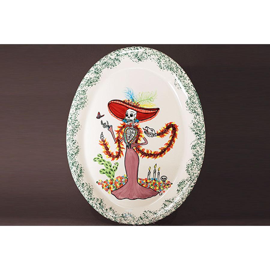 Elegant Oval Serving Platter Katrina Red Dress - Perfect for Day of the Dead Celebrations, Dinner Parties & Holiday Gatherings