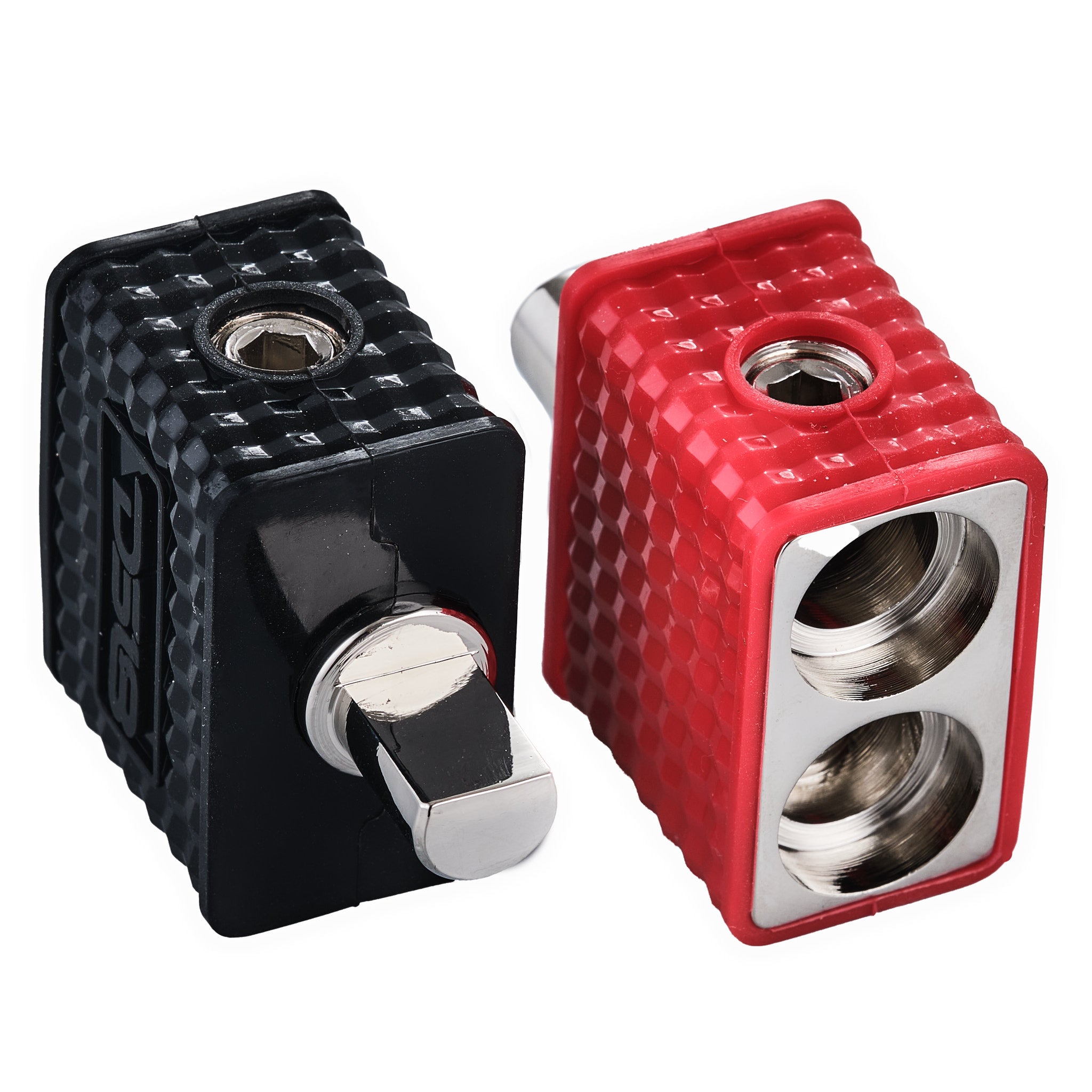 Dual 1/0 GA to 1/0 GA Amp Input Reducers with Offset Stub & Silicone Cover - Black/Red - Perfect for Car Audio & Marine Electrical Systems