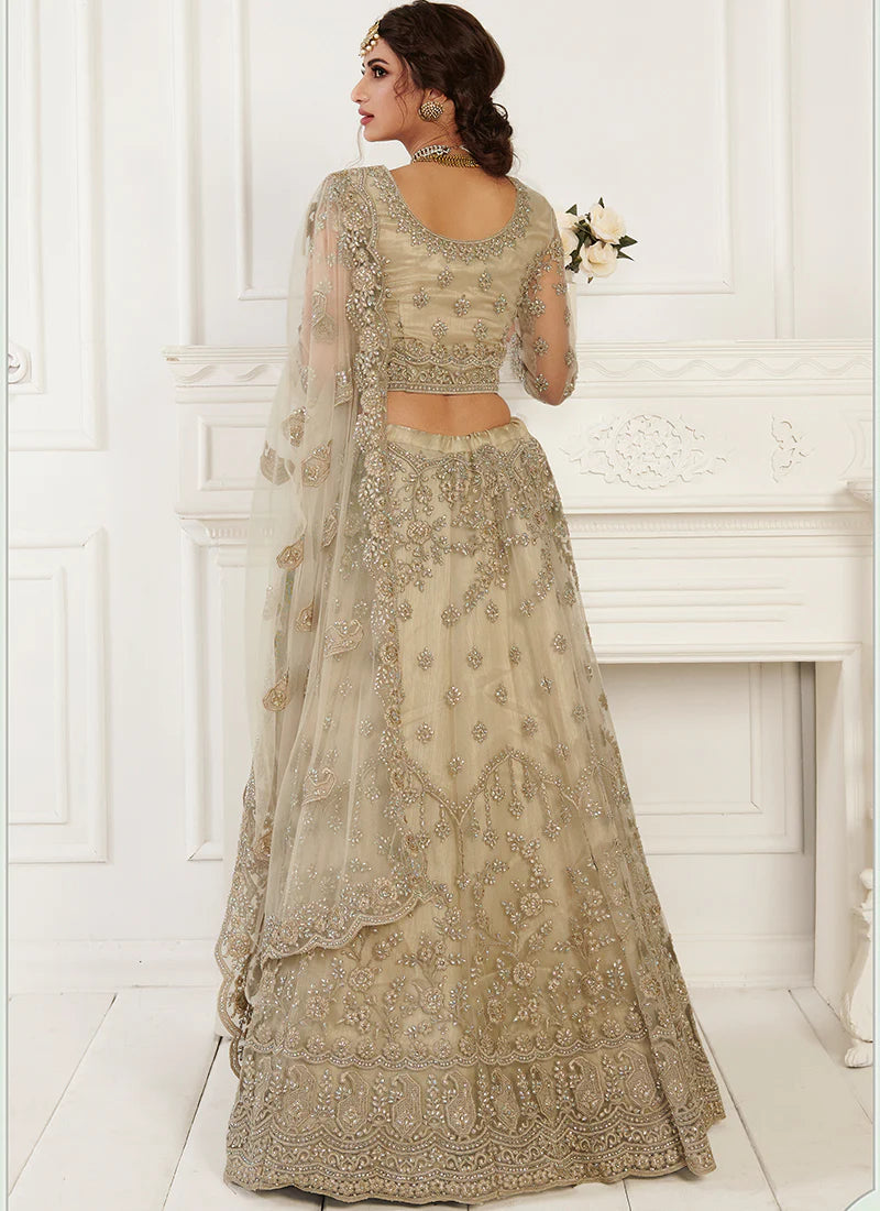 Exquisite Golden Embroidered Net Lehenga Choli for Bridal Wear | Designer Indian Wedding Dress (D90) | Perfect for Sangeet, Mehendi & Reception Ceremonies