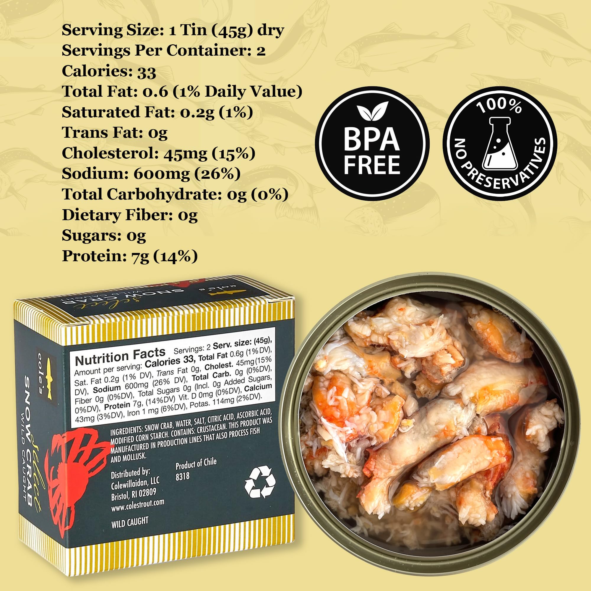 Premium Wild-Caught Patagonian Snow Crab Meat from Chile - High Protein & Omega-3 Rich, No Preservatives - 5.3 oz Can (Pack of 1) - Perfect for Salads, Pasta Dishes & Gourmet Seafood Recipes