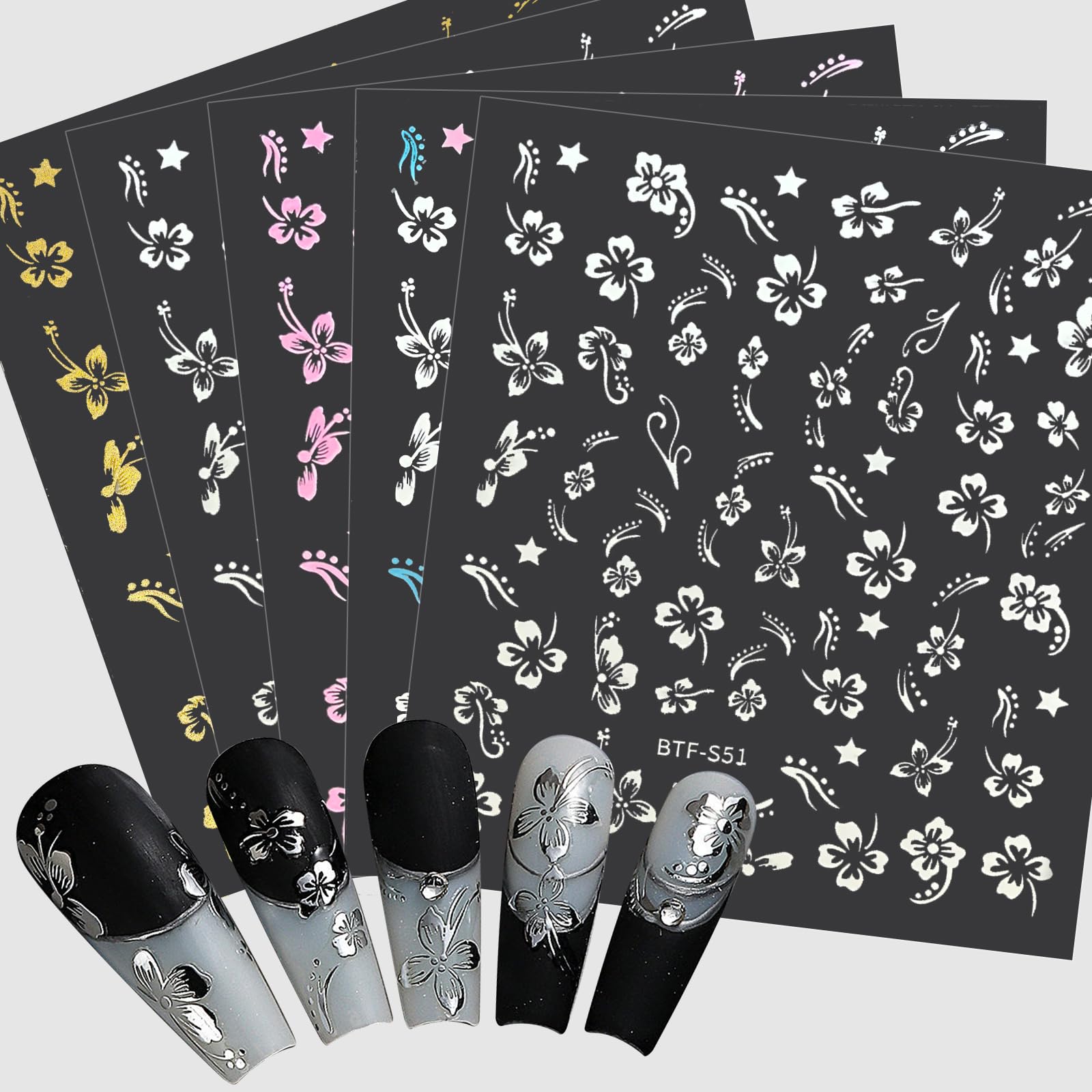 White Pink Golden Clear Silver Flower Nail Sticker Decals - 10 Sheets Nail Art Decorations for Women | DIY Manicure Designs & Nail Art Supplies | Perfect for Parties, Weddings, and Salon Use